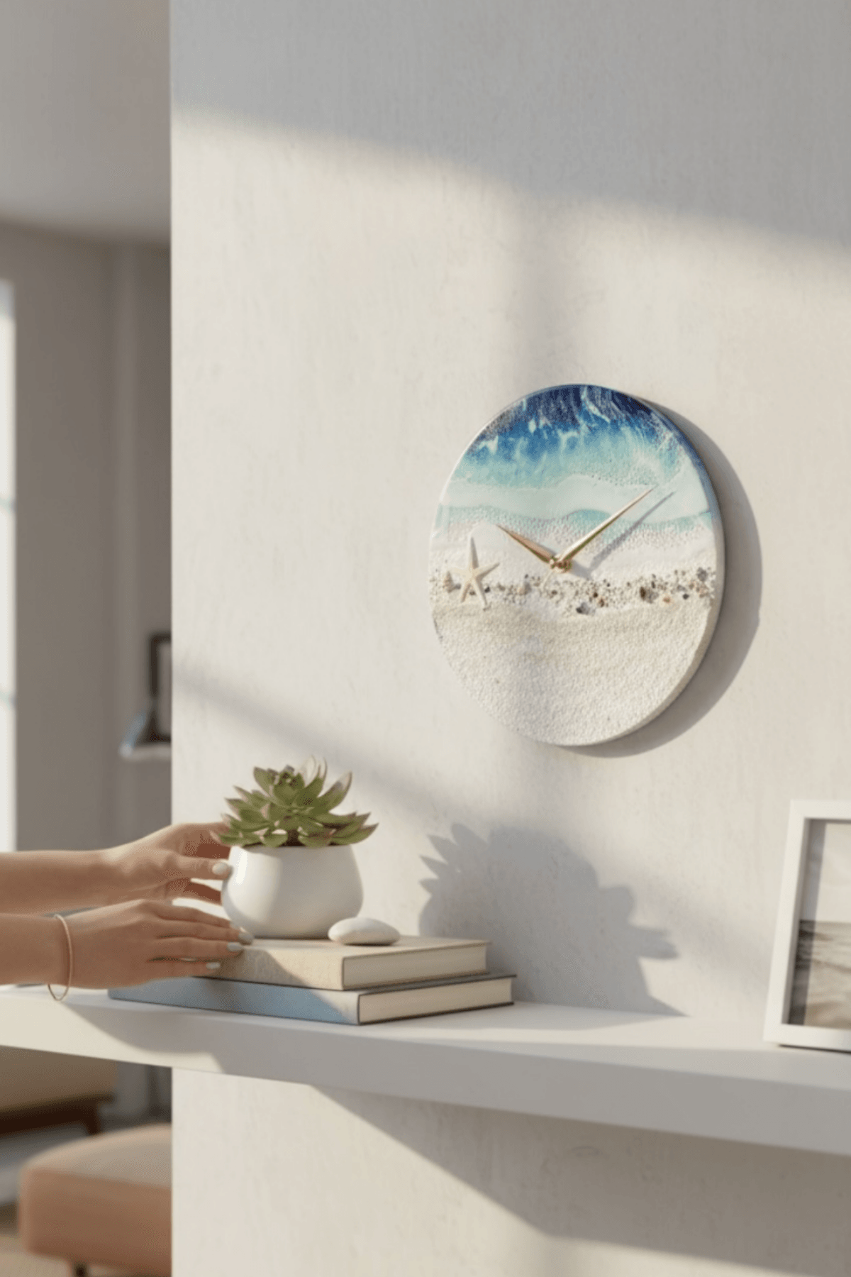 El Yapımı Epoksi Deniz Dalgası Desenli Dekoratif Duvar Saati 25 cm – Modern Tasarım Saat
