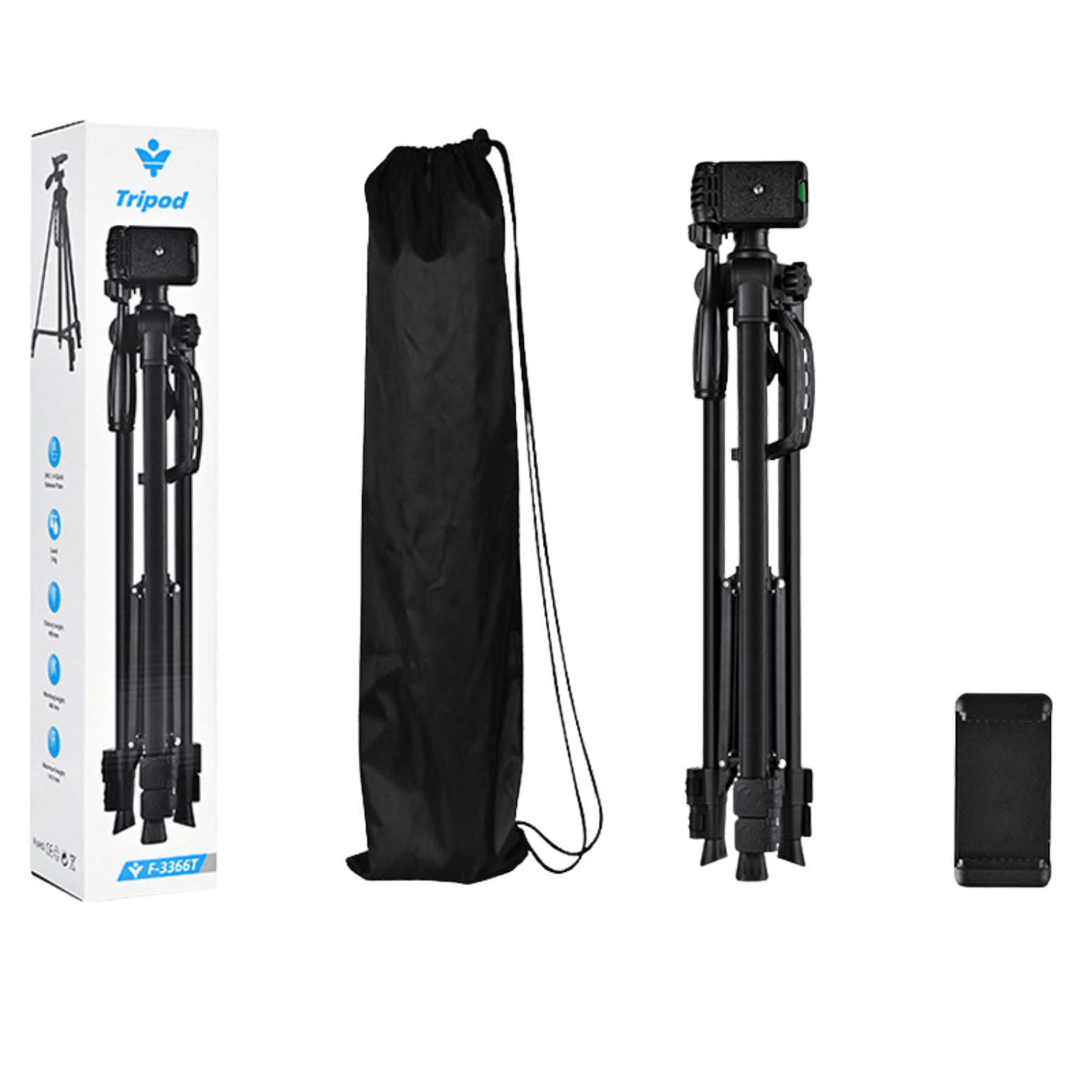 F3366T Tripod – 102-135 cm Ayarlanabilir | 360° Dönebilen Başlık + Telefon Tutucu + Taşıma Çantası