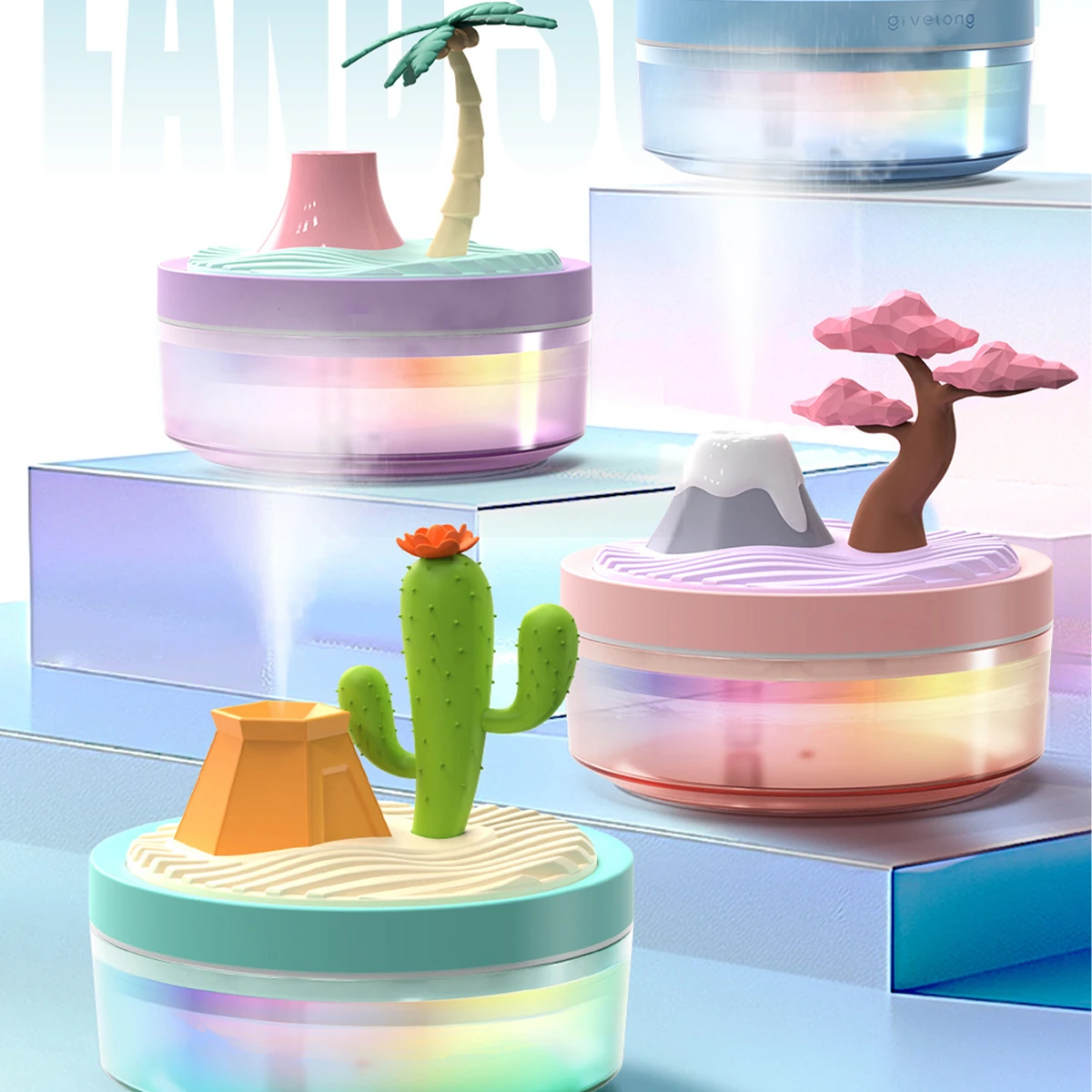 Manzara Görünümlü Hava Nemlendirici – 260 ml Su Haznesi + 7 Renk LED Gece Lambası + Çift Mod Püskürtme