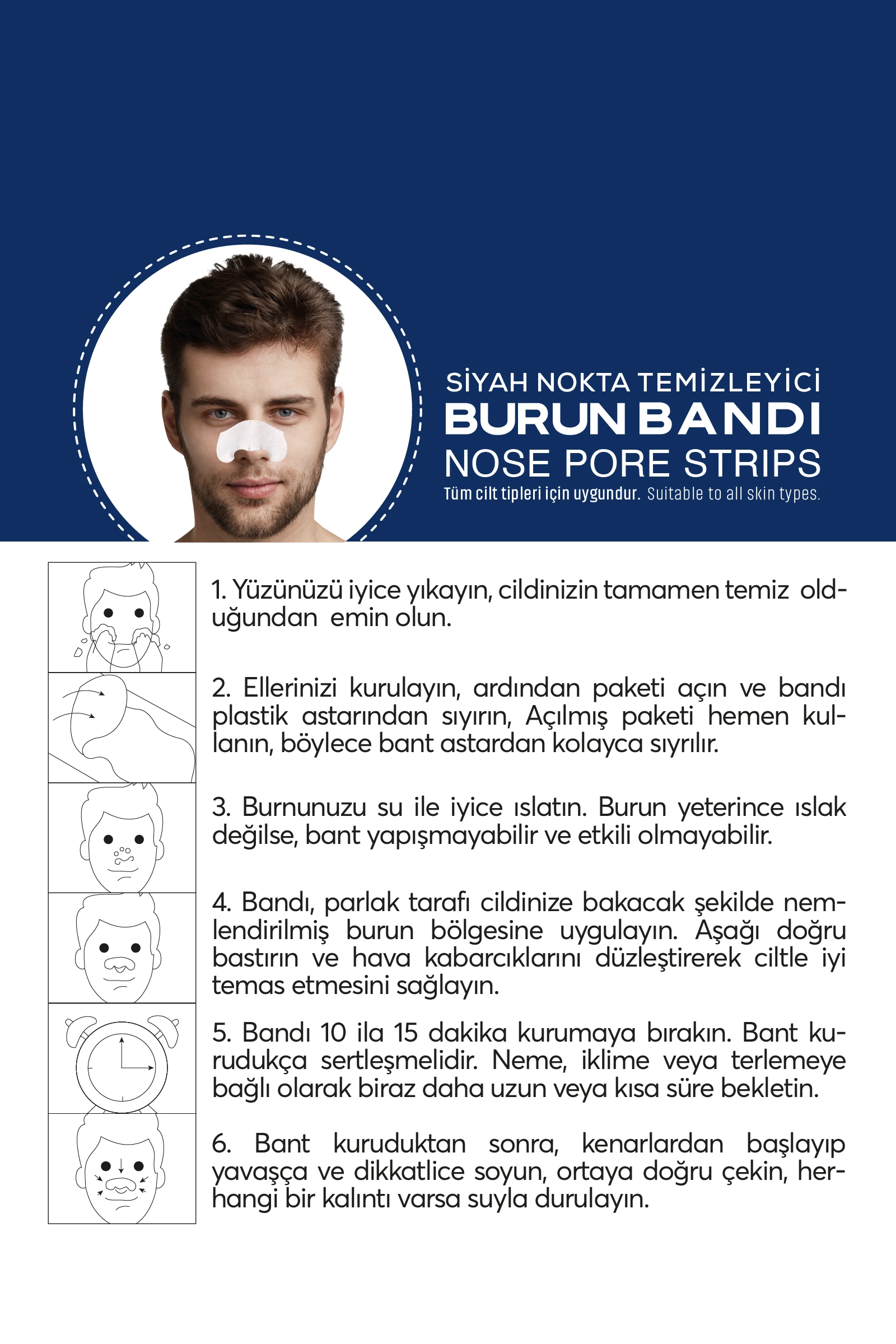 Erkekler için Siyah Nokta ve Gözenek Temizleyici Burun Bandı 6 Adet
