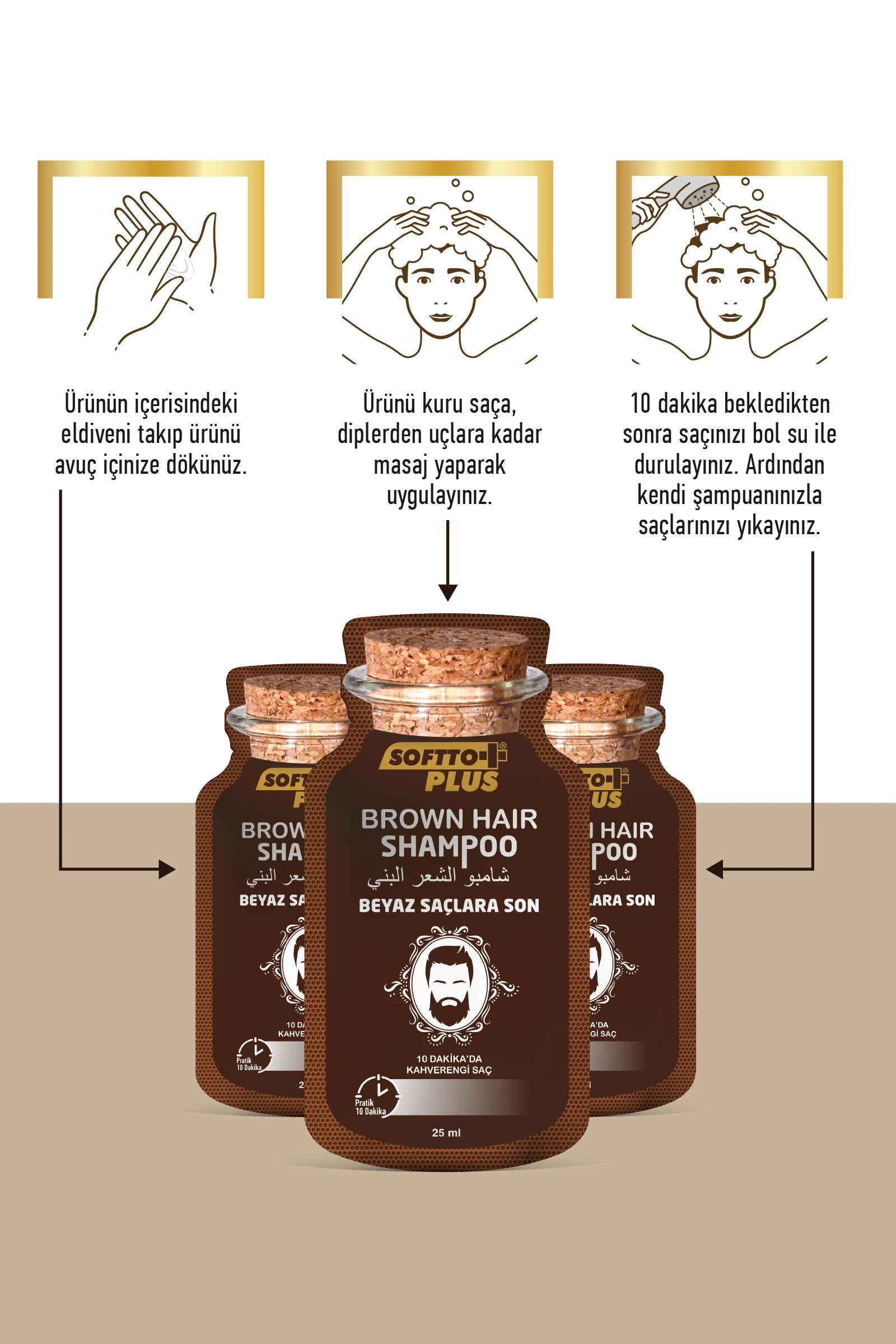 Softto Plus Brown Hair Anında Etkili Beyaz Kapatıcı Koyu Kahverengi Şampuan Boya  25mlx10 adet