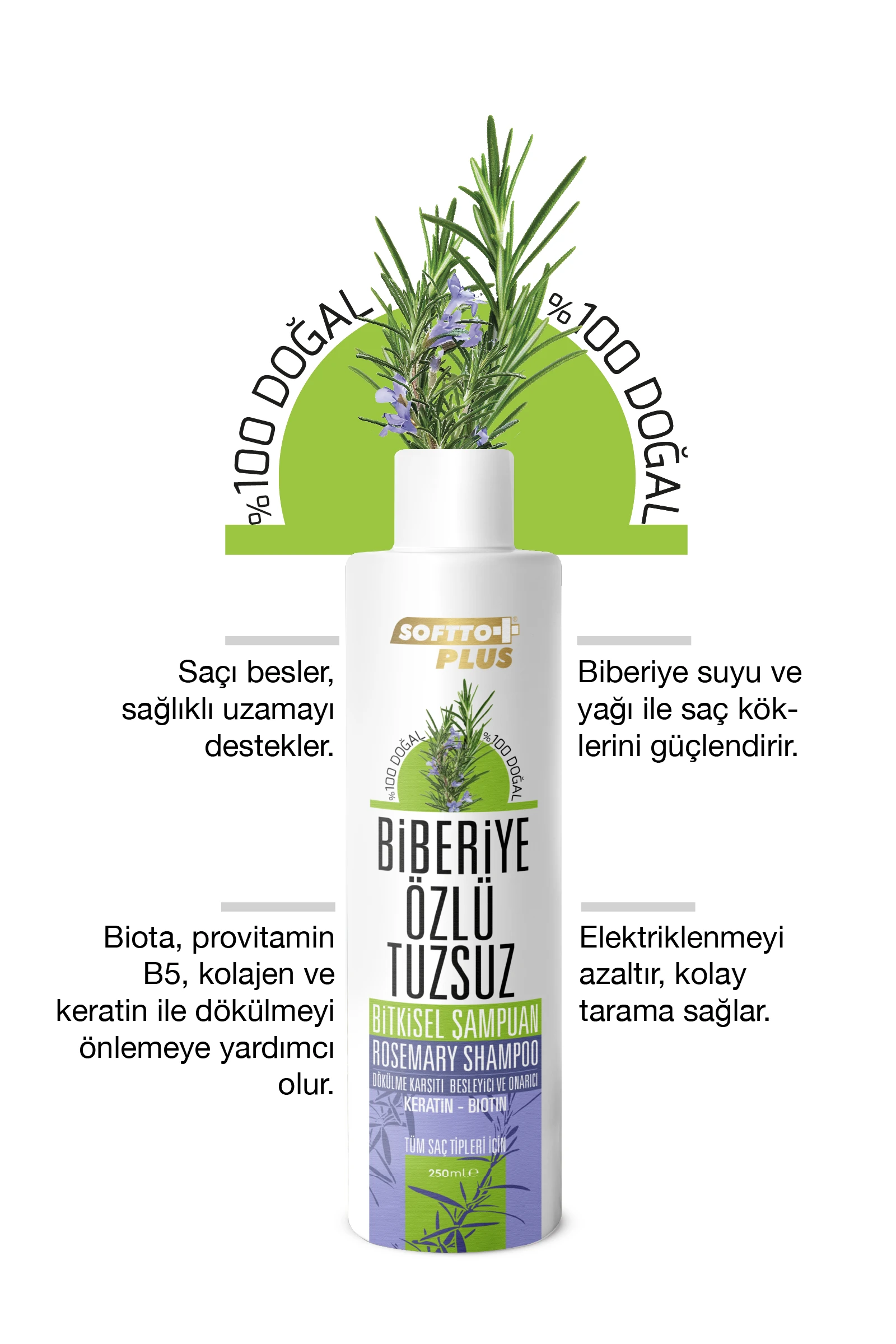SOFTTO PLUS BİBERİYE ÖZLÜ TUZSUZ ŞAMPUAN 250 ML