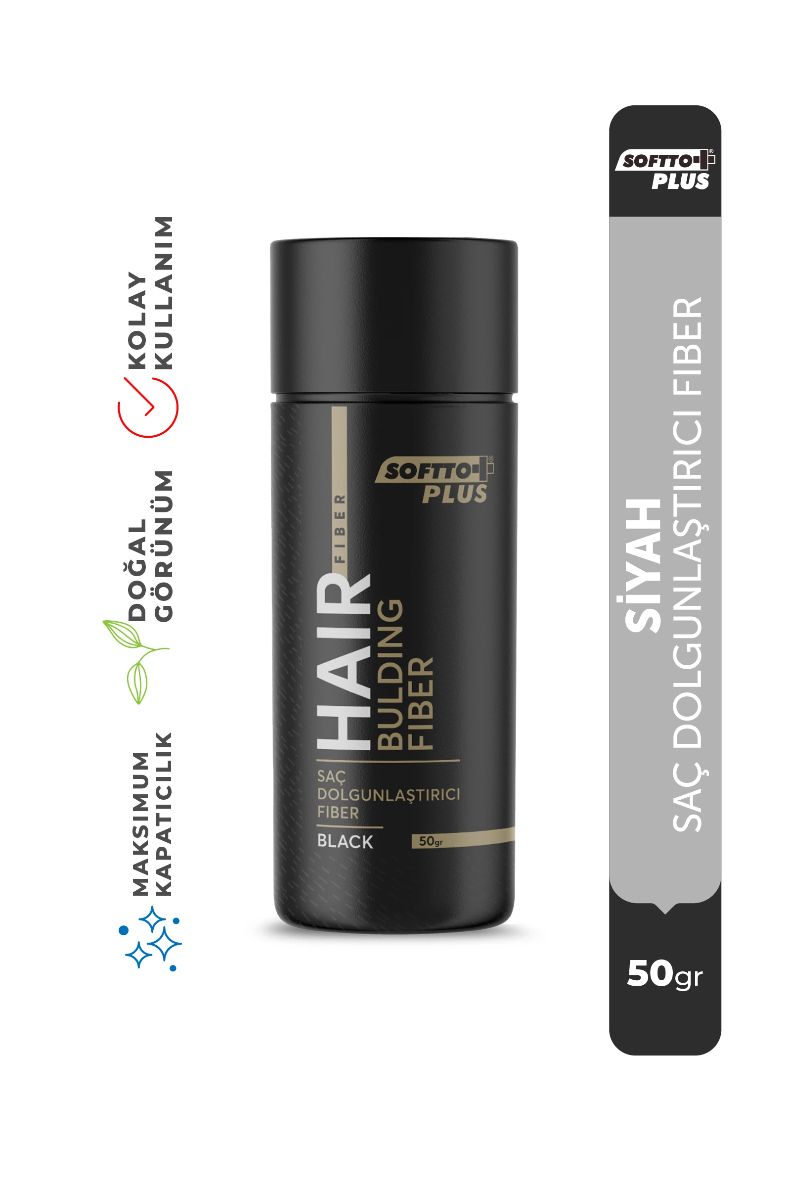 Softto Plus Saç Dolgunlaştırıcı Anında Dolgunluk Sağlayan Siyah Renk Fiber 50 gr.