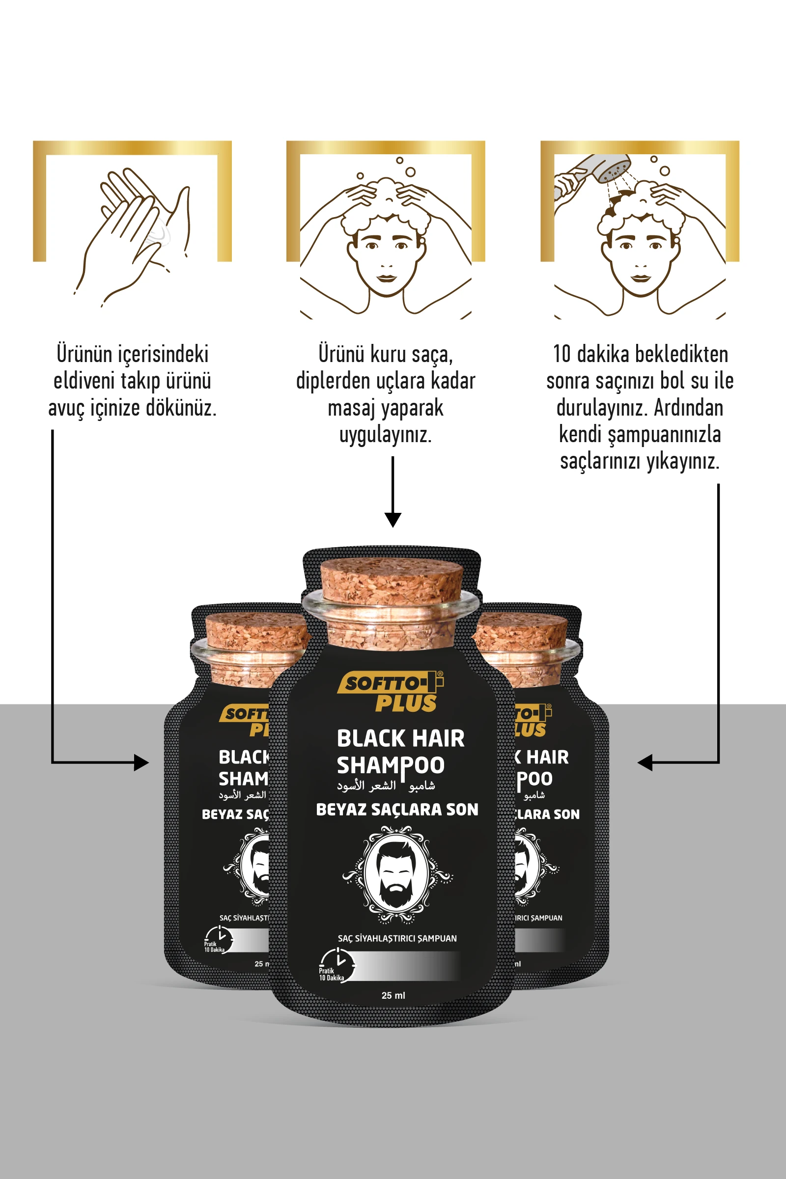 Softto Plus Black Hair Doğal Görünümlü Saç Siyahlaştırıcı Anında Etkili Şampuan Boya  25mlx10 adet