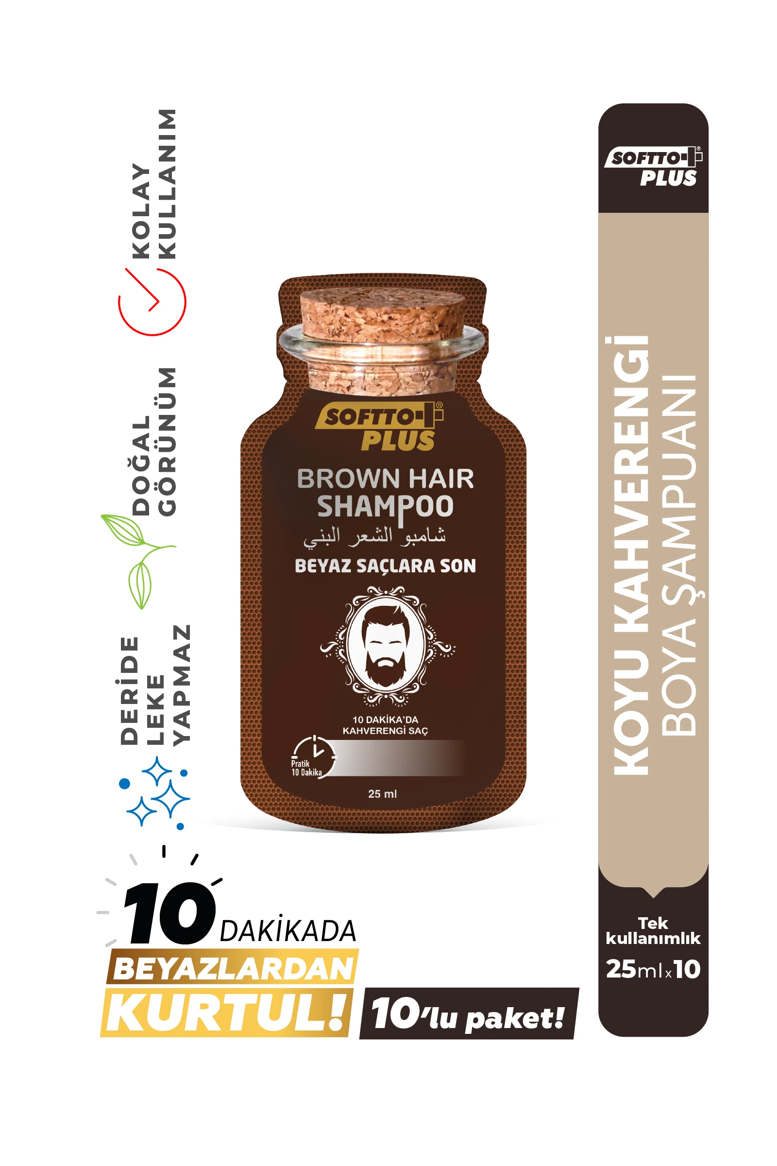 Softto Plus Brown Hair Anında Etkili Beyaz Kapatıcı Koyu Kahverengi Şampuan Boya  25mlx10 adet