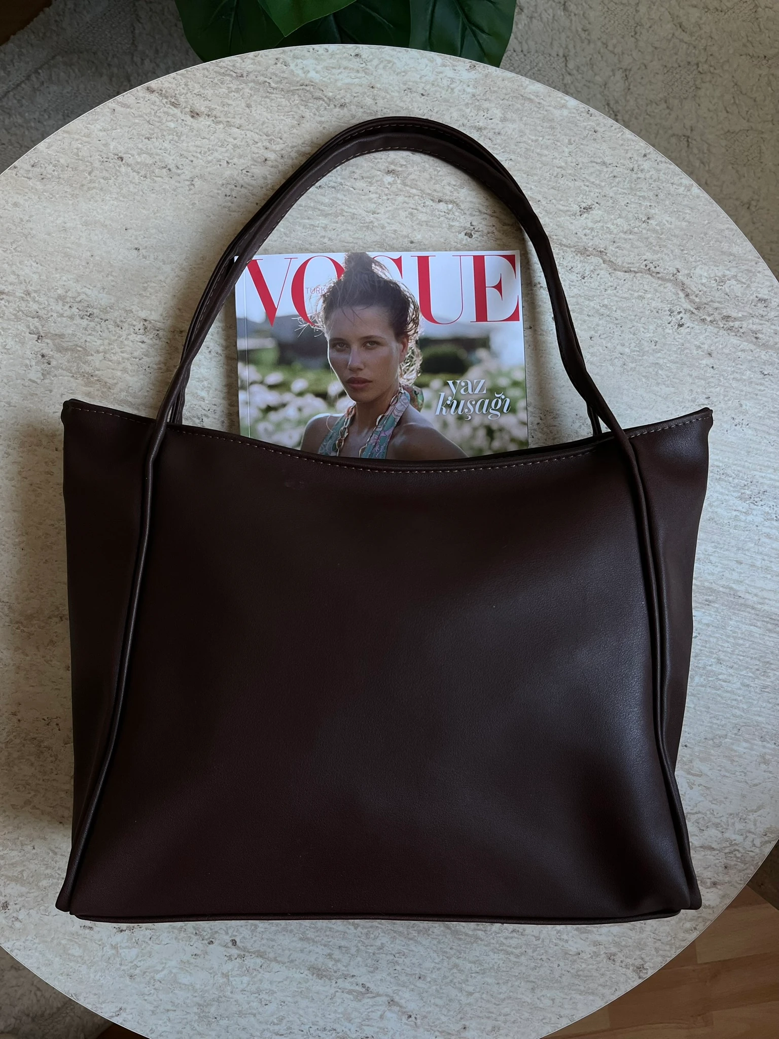 Klasik Büyük Suni Deri Omuz Çantası  - Kahverengi