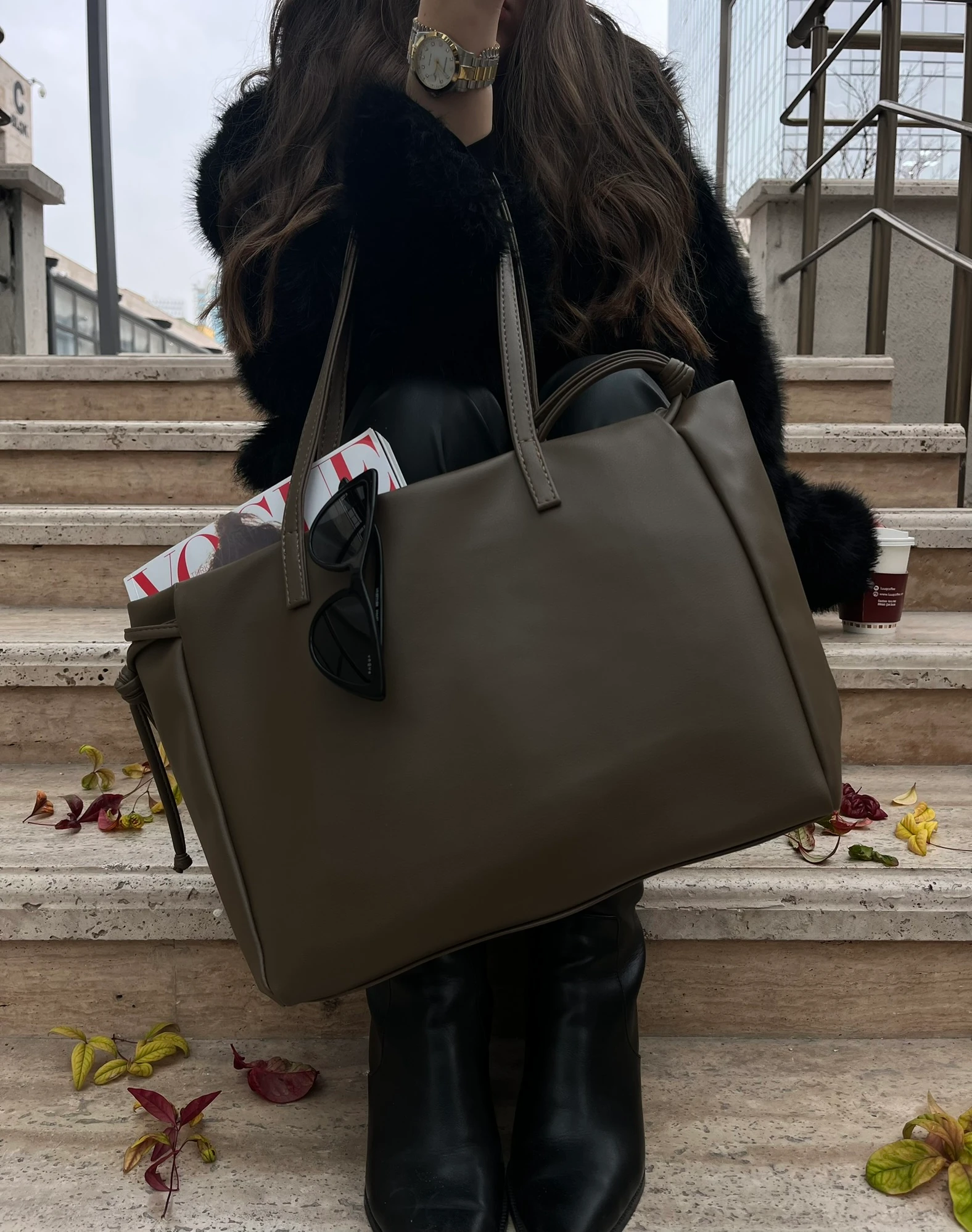 Büyük Boy Yumuşak Omuz Çantası| XXL Hacimli Tote Çanta  - Haki