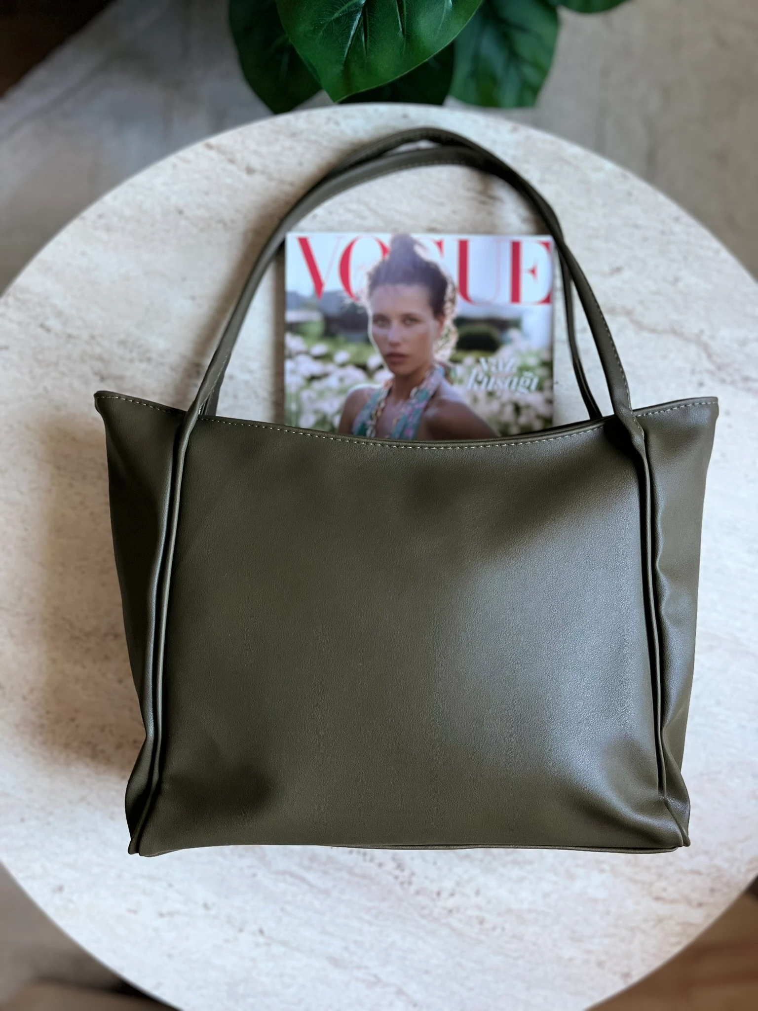 Klasik Büyük Suni Deri Omuz Çantası  - Haki