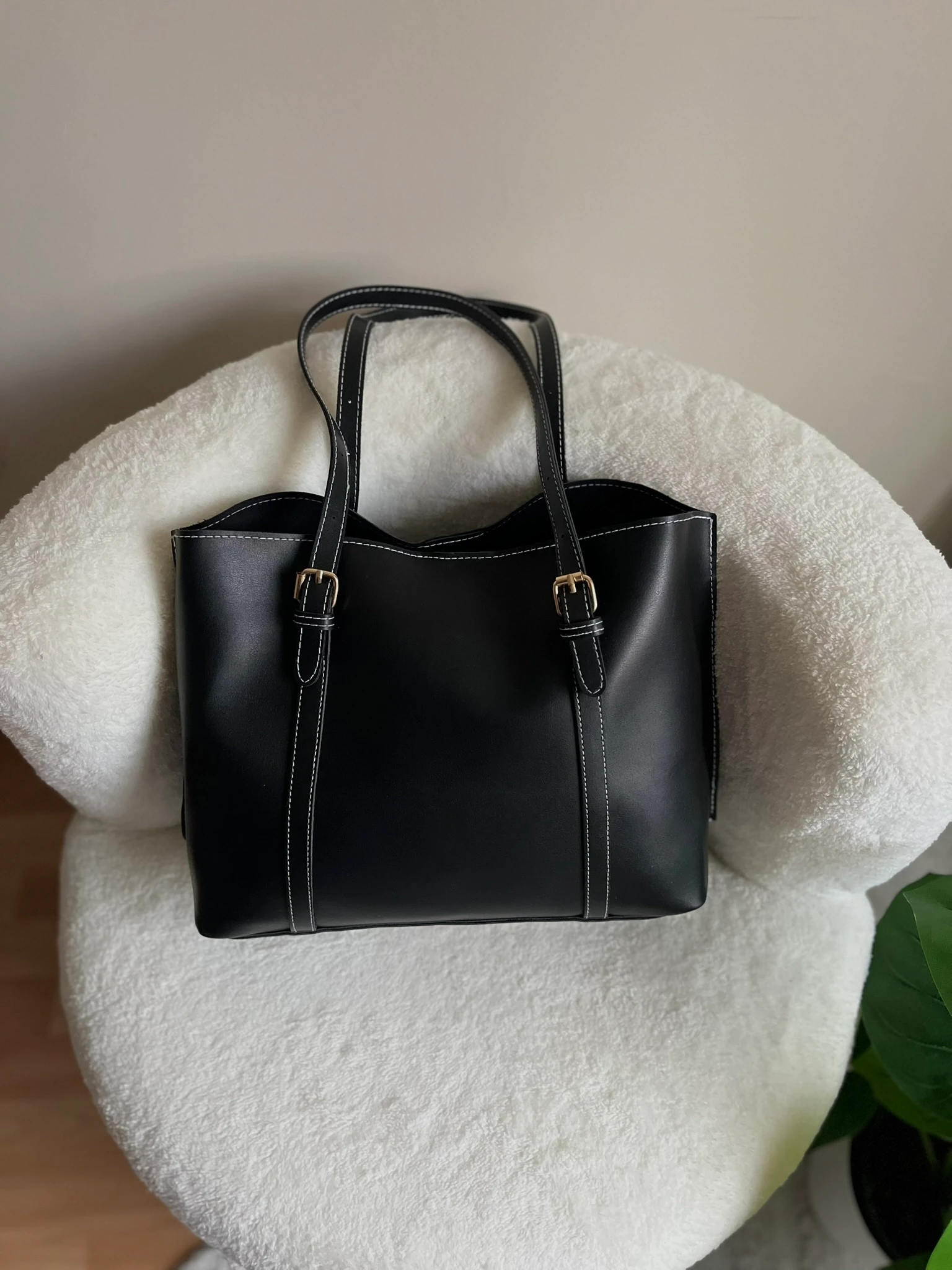 Klasik Kontrast Dikişli Büyük Boy Omuz Çantası 