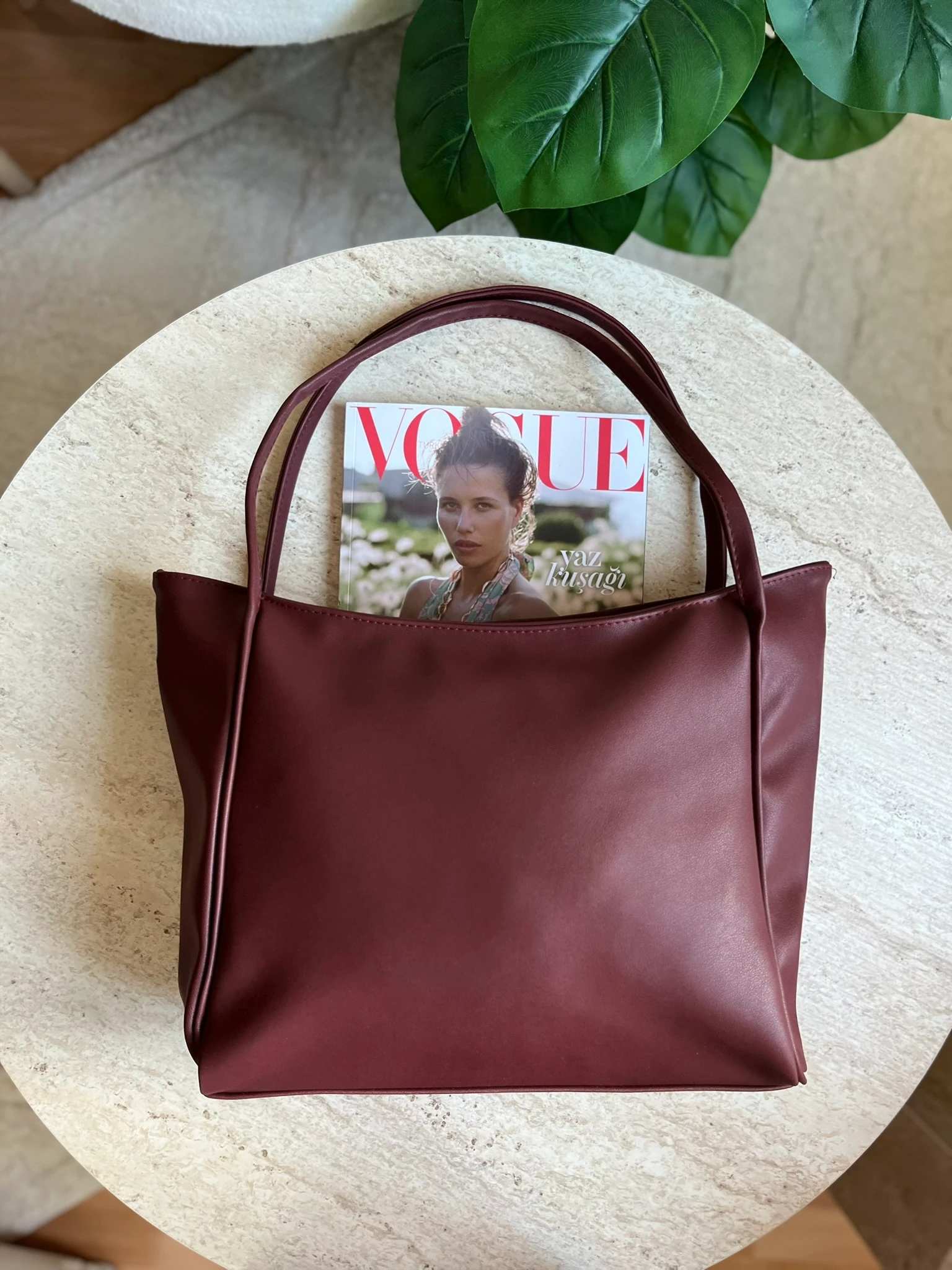 Klasik Büyük Suni Deri Omuz Çantası  - Bordo