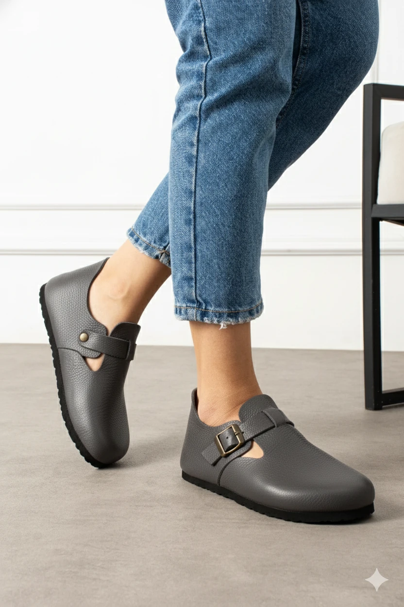 Mycorni Unisex Hakiki Deri Kapalı Sabo Ayak Kabı – Anatomik Ark Destekli Doğal Mantar Tabanlı