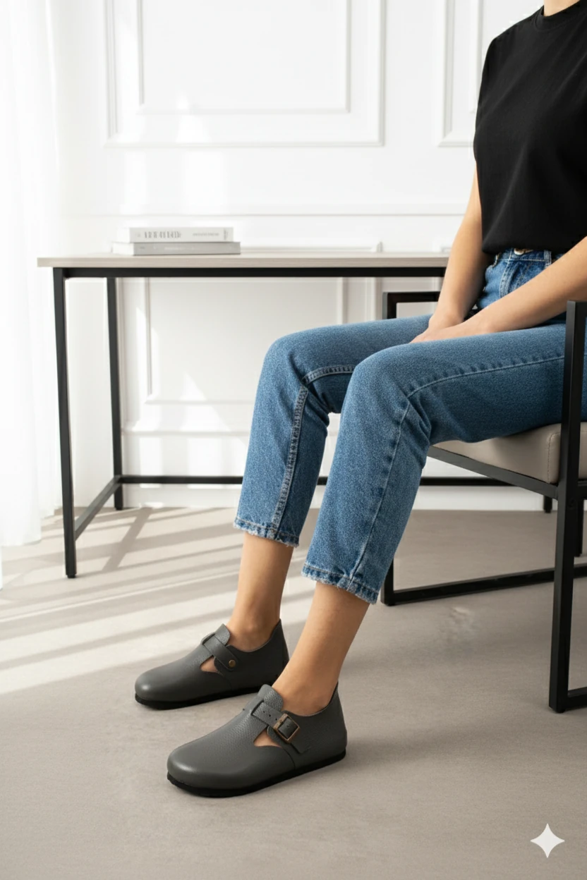 Mycorni Unisex Hakiki Deri Kapalı Sabo Ayak Kabı – Anatomik Ark Destekli Doğal Mantar Tabanlı