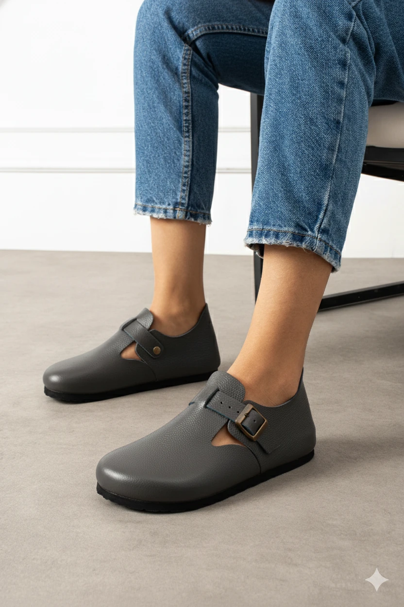 Mycorni Unisex Hakiki Deri Kapalı Sabo Ayak Kabı – Anatomik Ark Destekli Doğal Mantar Tabanlı