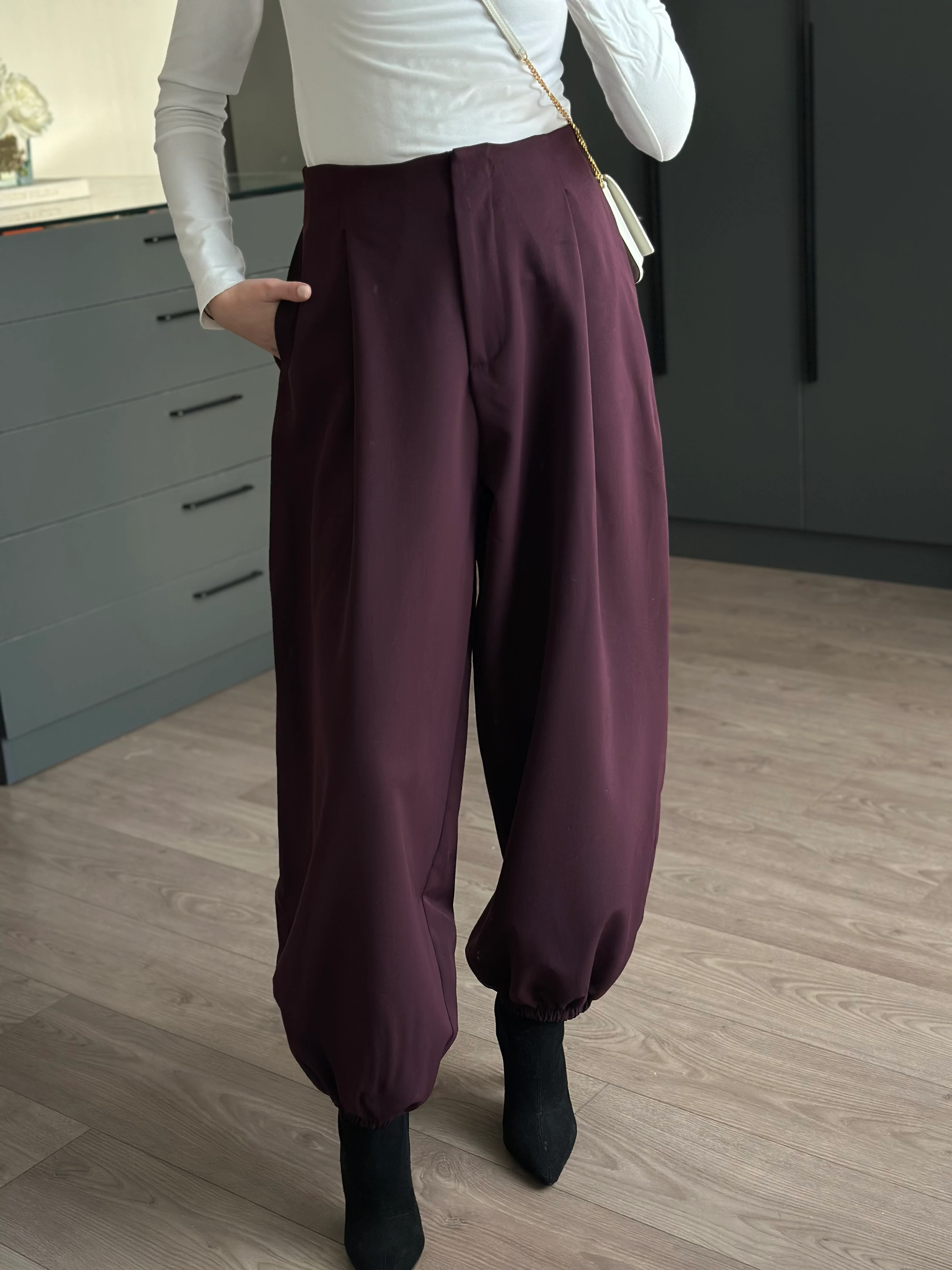 ŞALVAR MODEL YÜKSEK BEL PANTOLON - Bordo