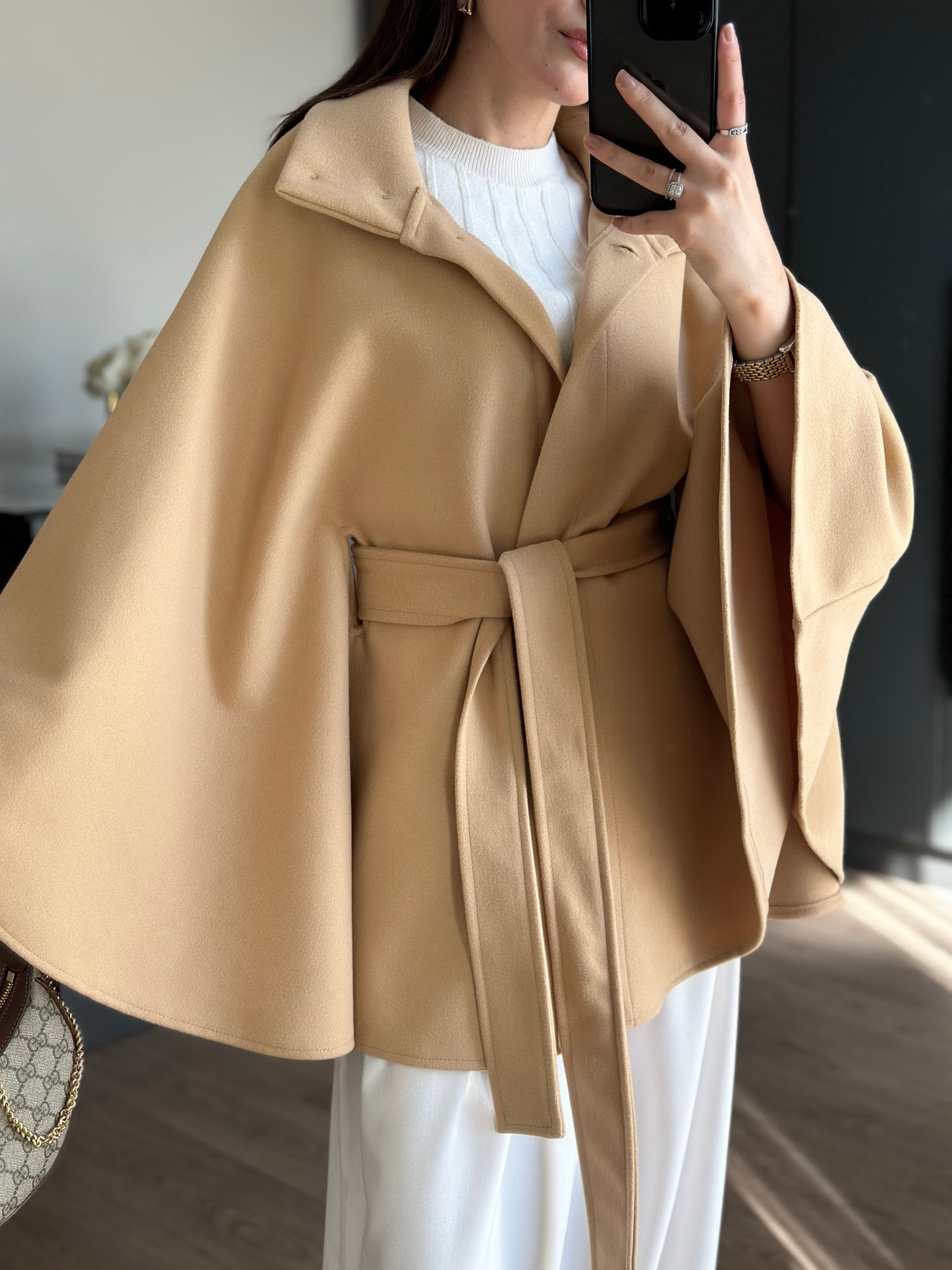 CAMEL DİK YAKA BAĞLAMALI PANÇO