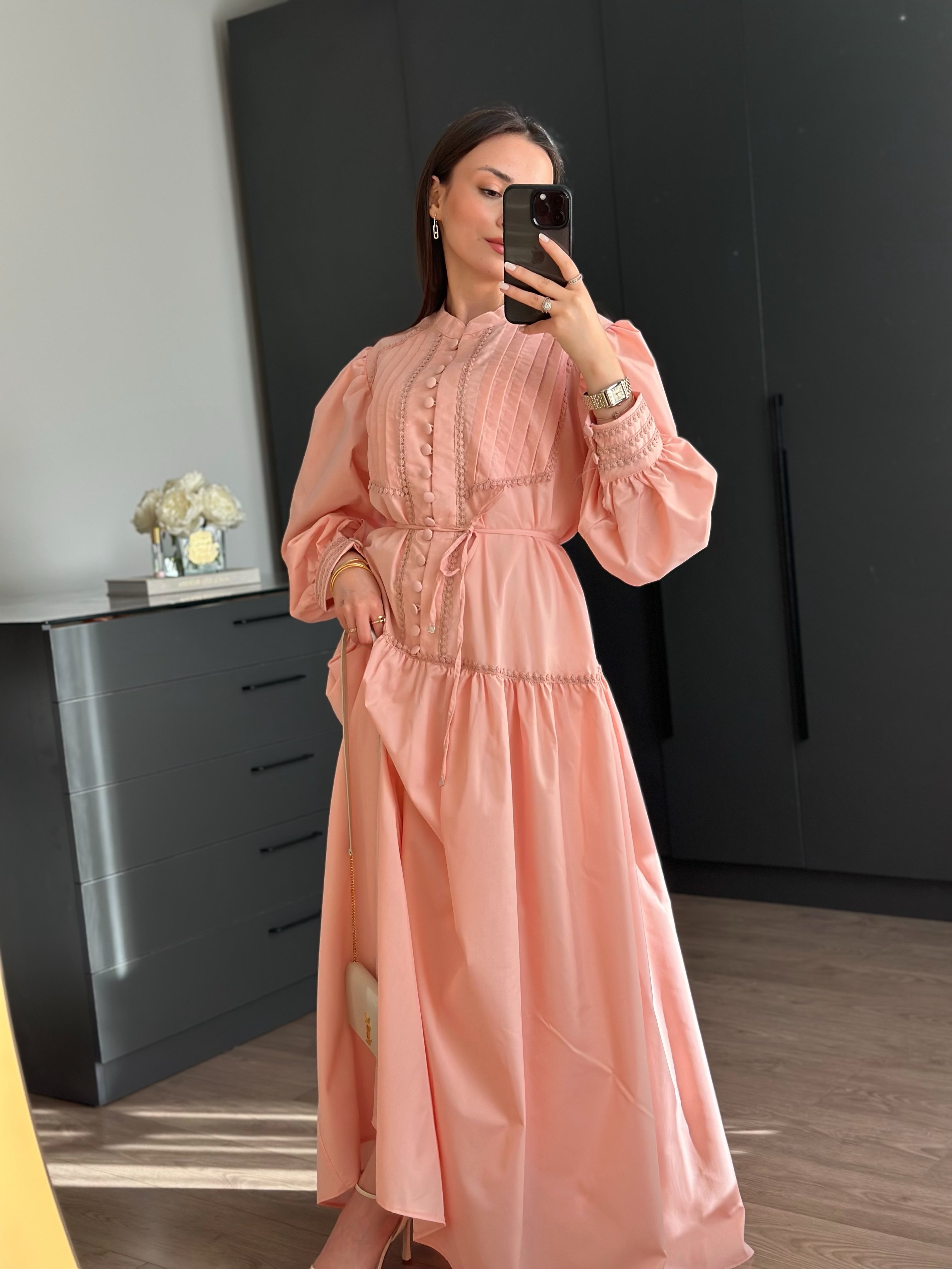 PREMİUM CAMİLLE NERVÜRLÜ DACRON PEMBE ELBİSE