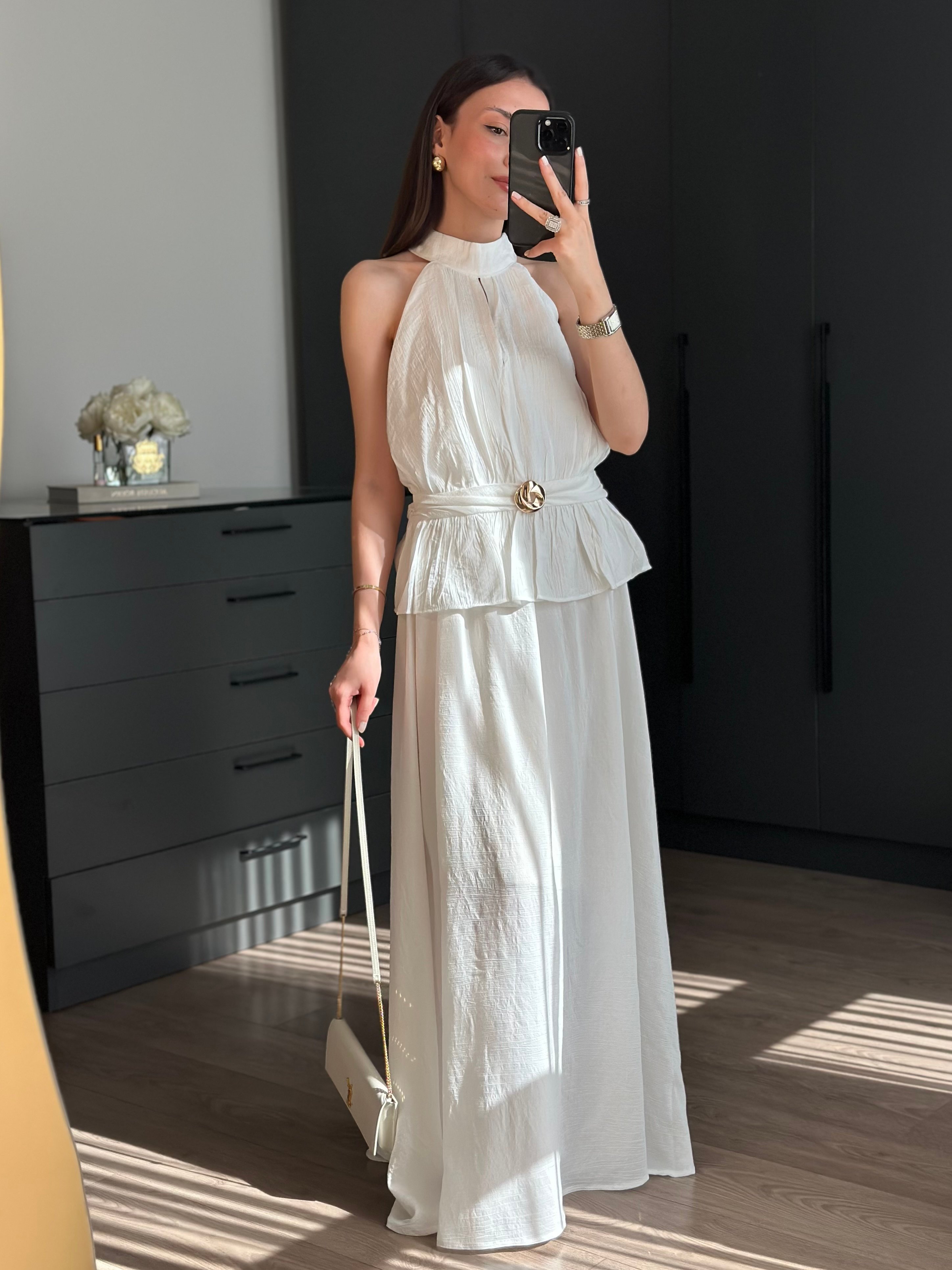 HALTER YAKA BLUZ ETEK BEYAZ TAKIM