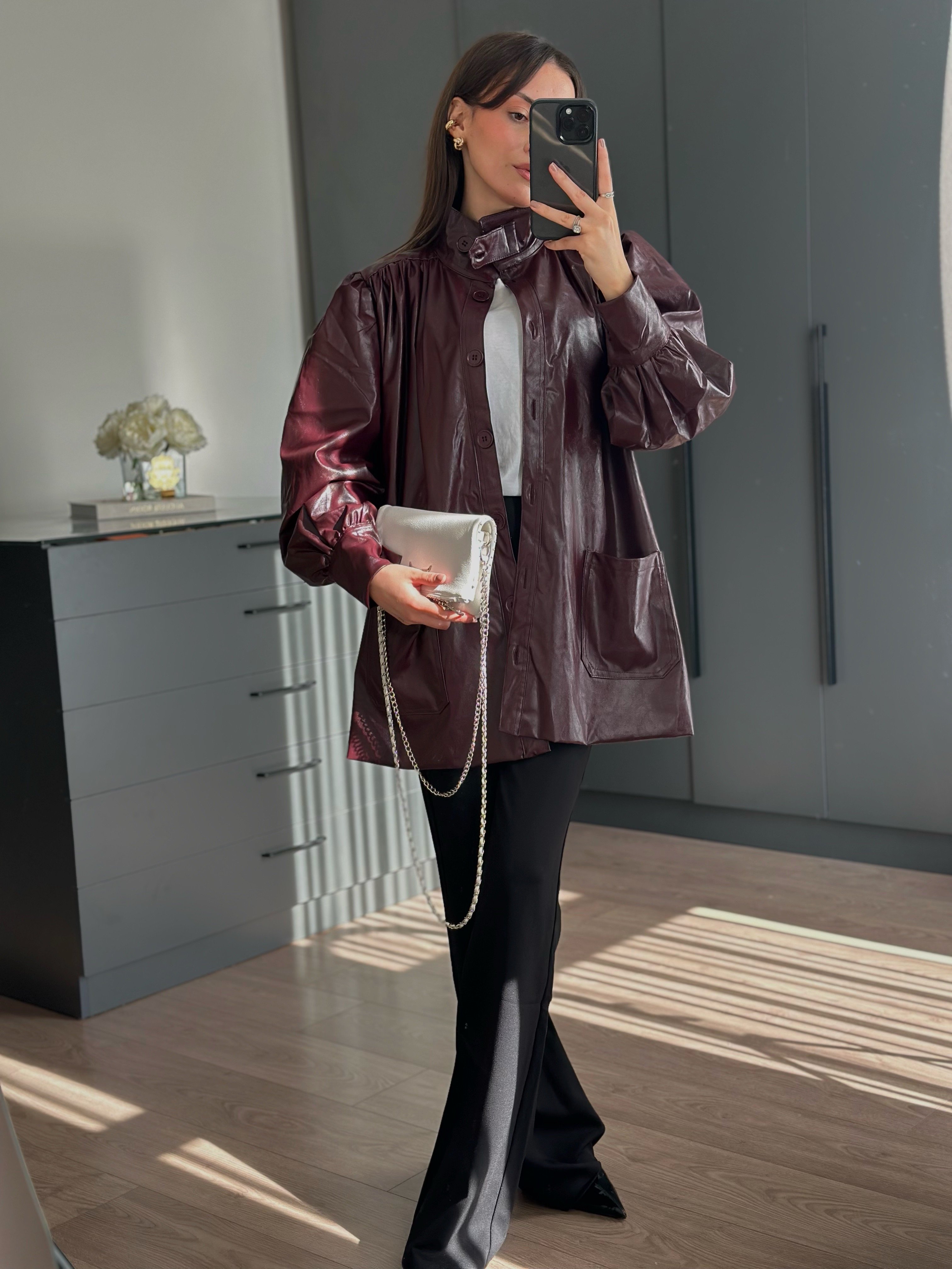 TASARIM DERİ CEPLİ BORDO CEKET