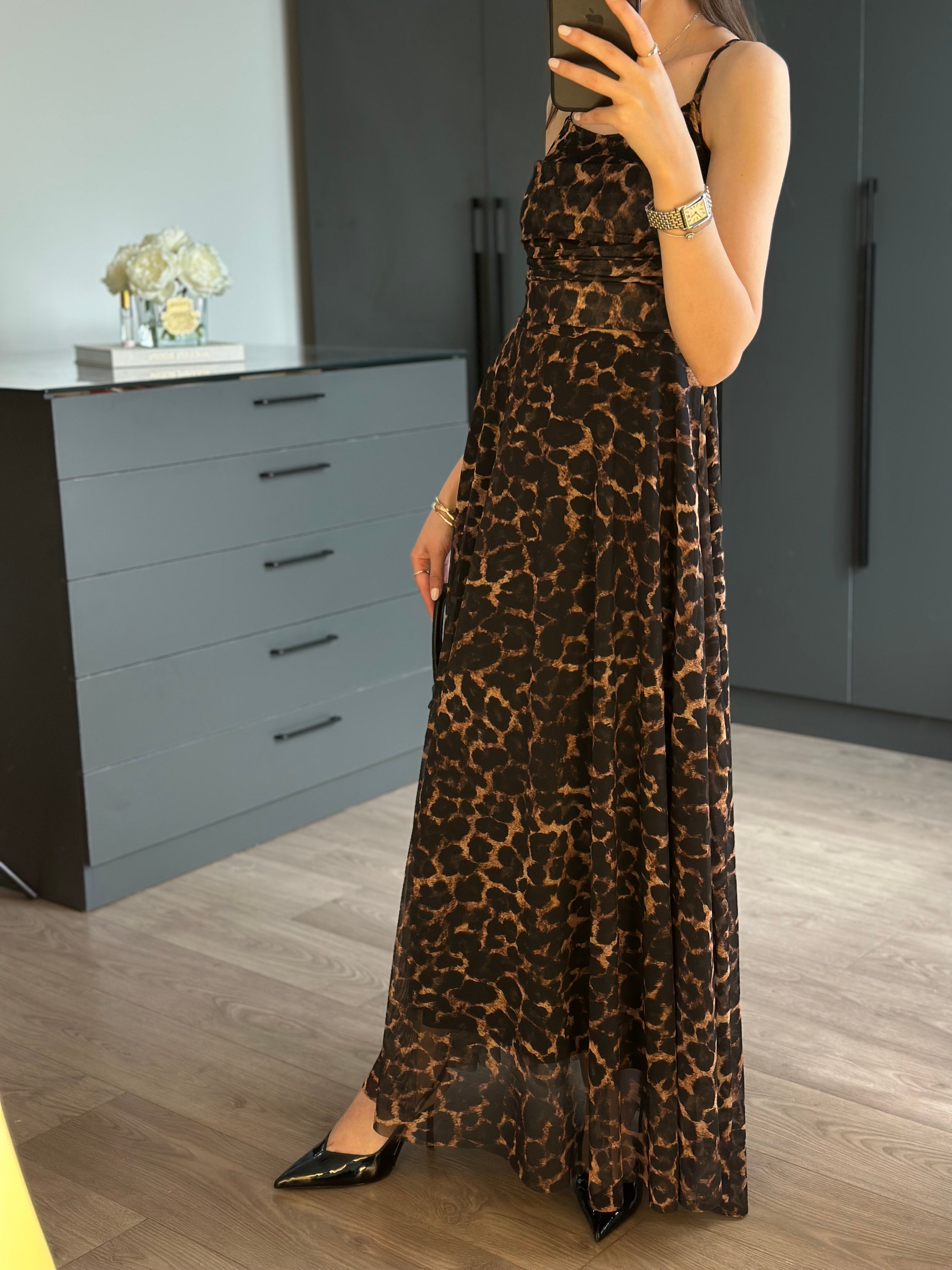 ASKILI LEOPAR DESENLİ MAXİ ELBİSE