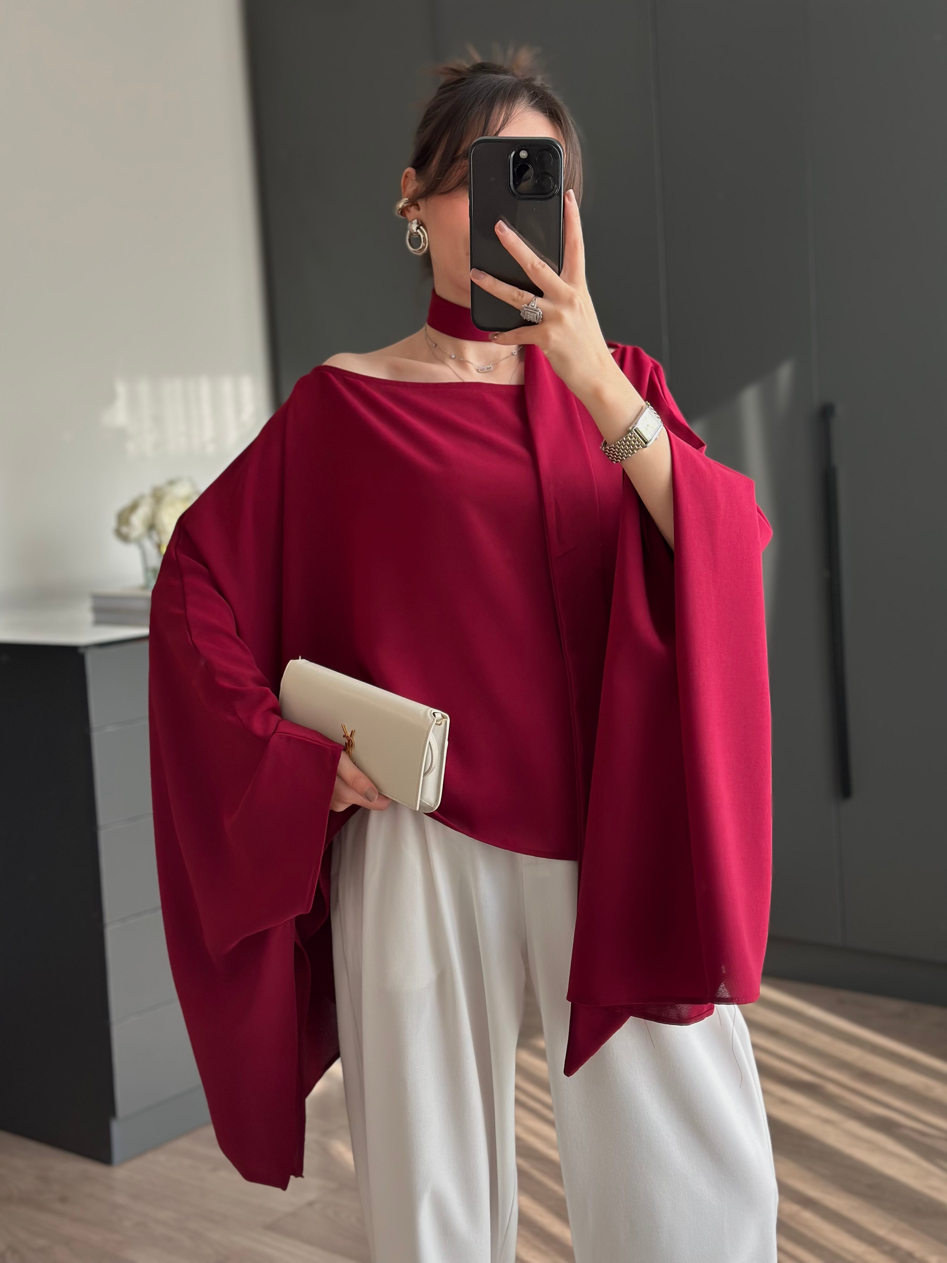 PELERİN KOL FULAR DETAYLI BORDO BLUZ