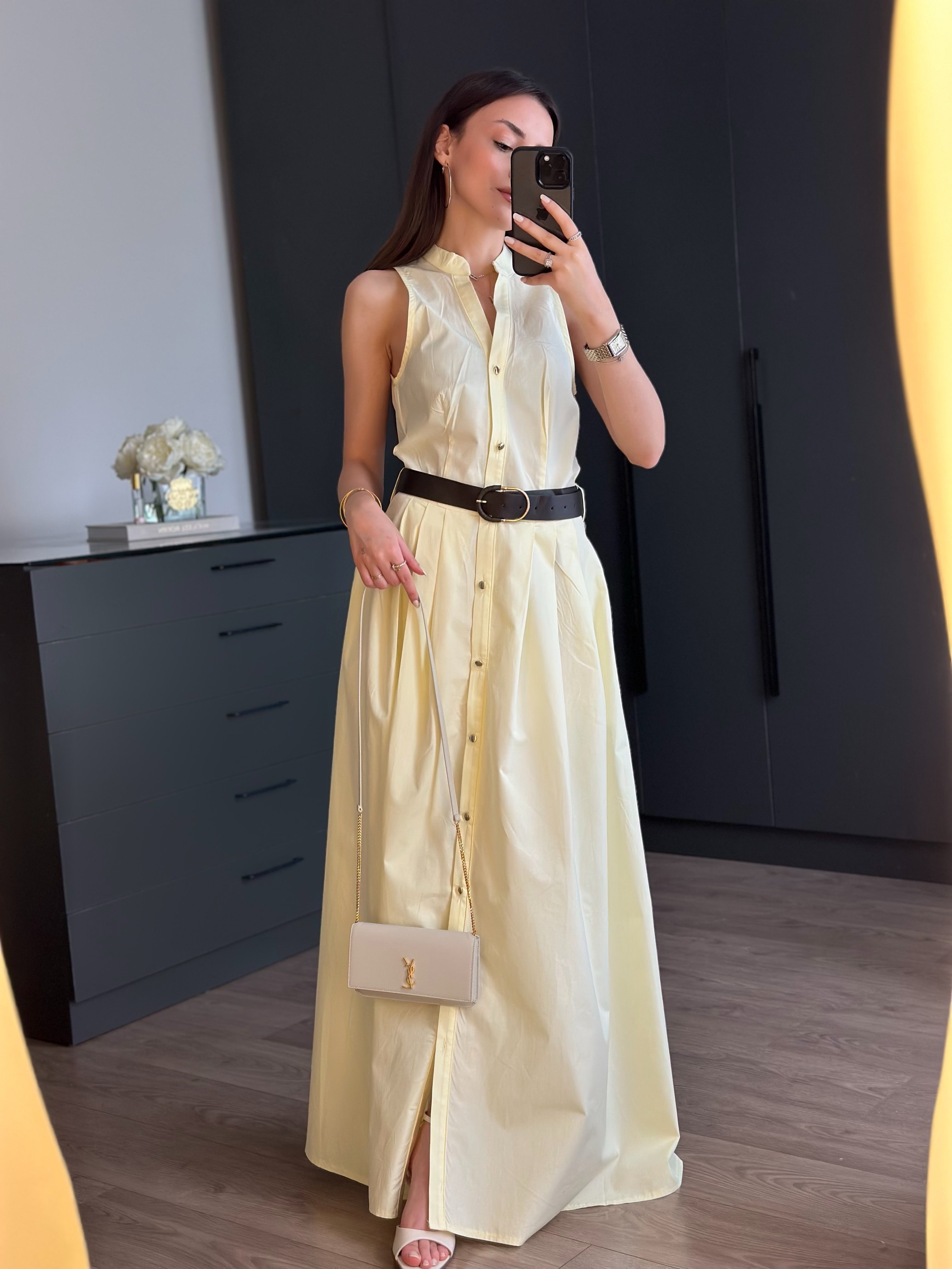 MOLYNA SARI KEMERLİ POPLİN ELBİSE