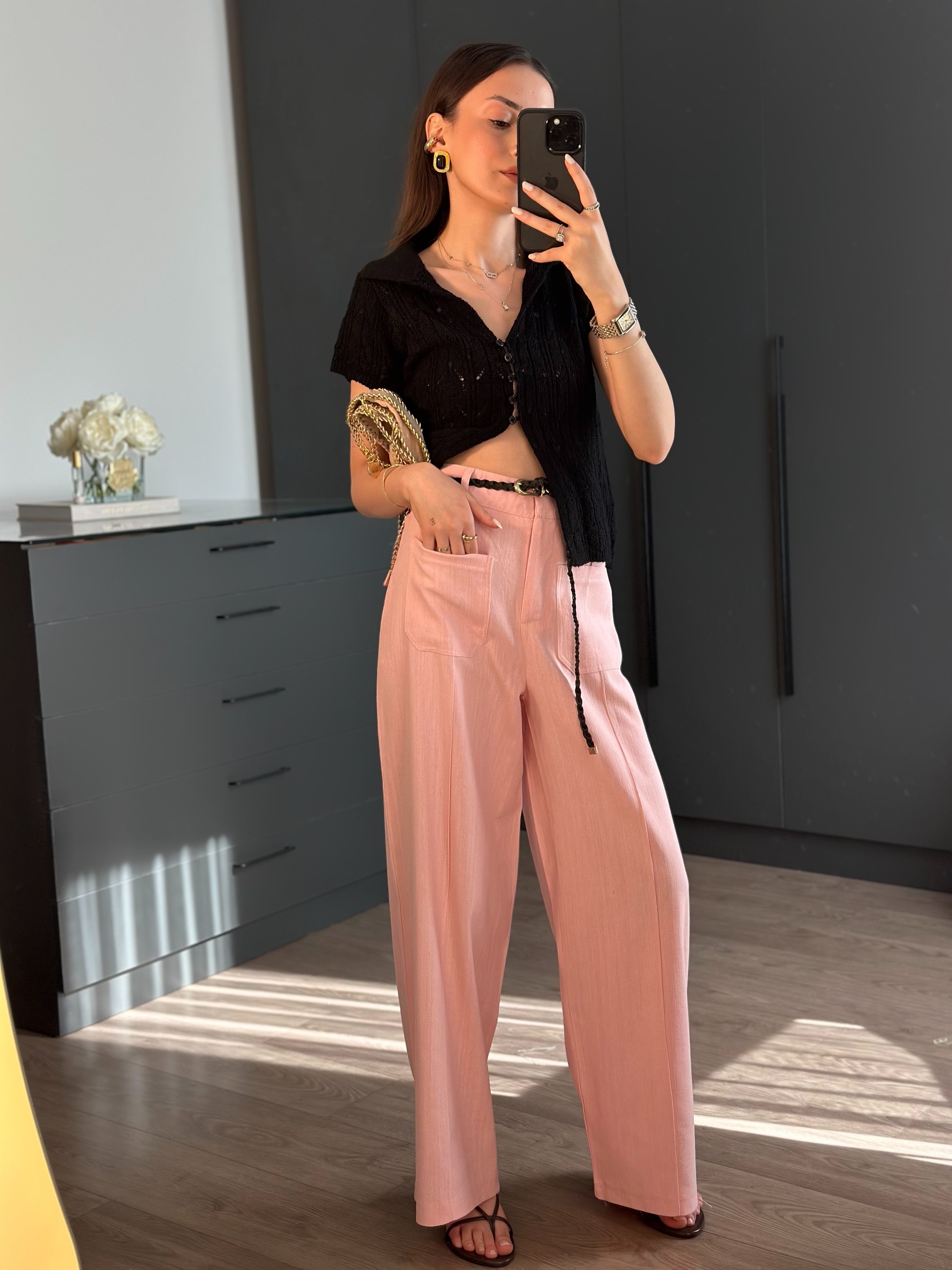 ÇİFT CEP KEMERLİ PEMBE KETEN PANTOLON