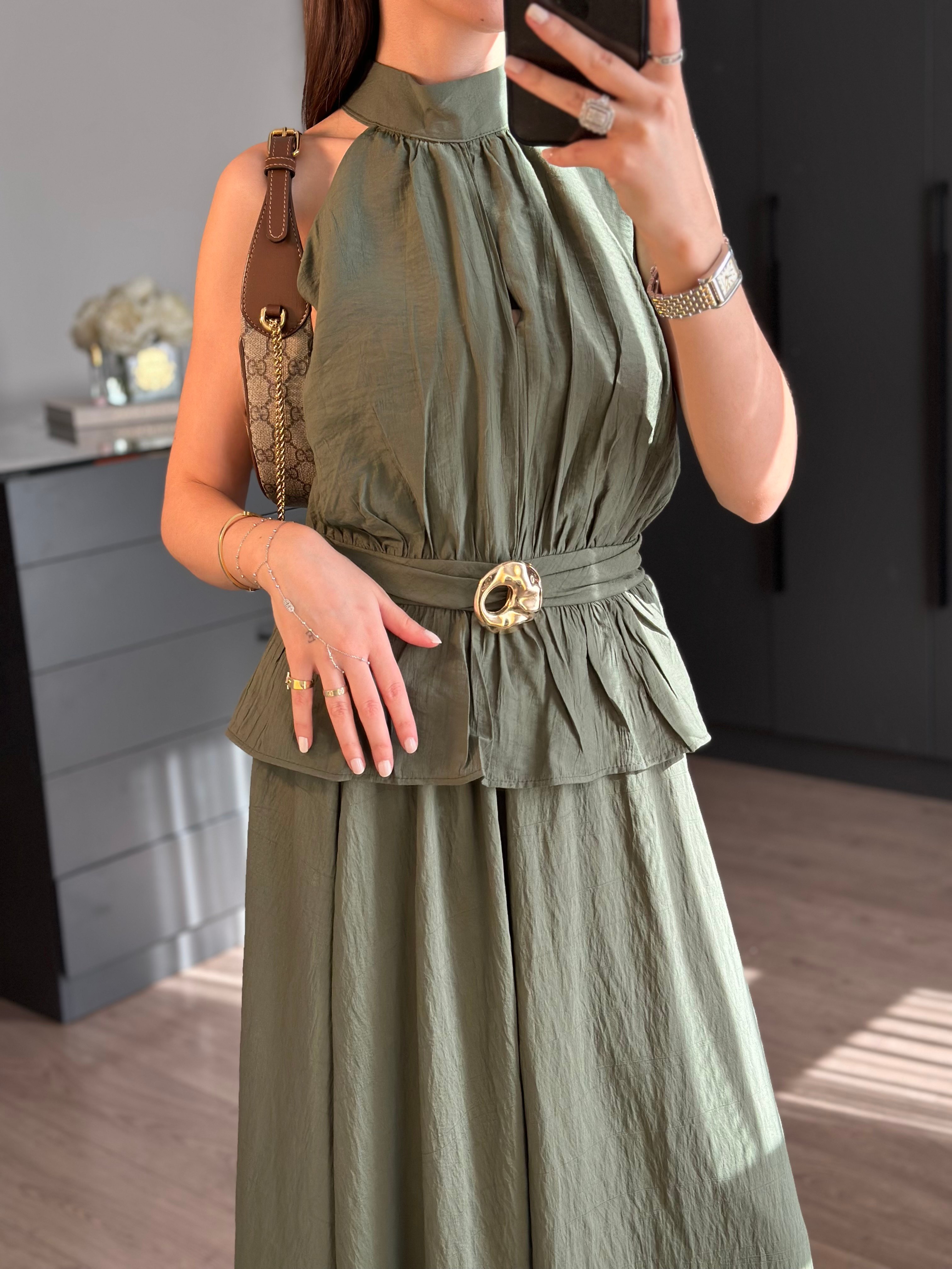 HALTER YAKA BLUZ ETEK HAKİ TAKIM