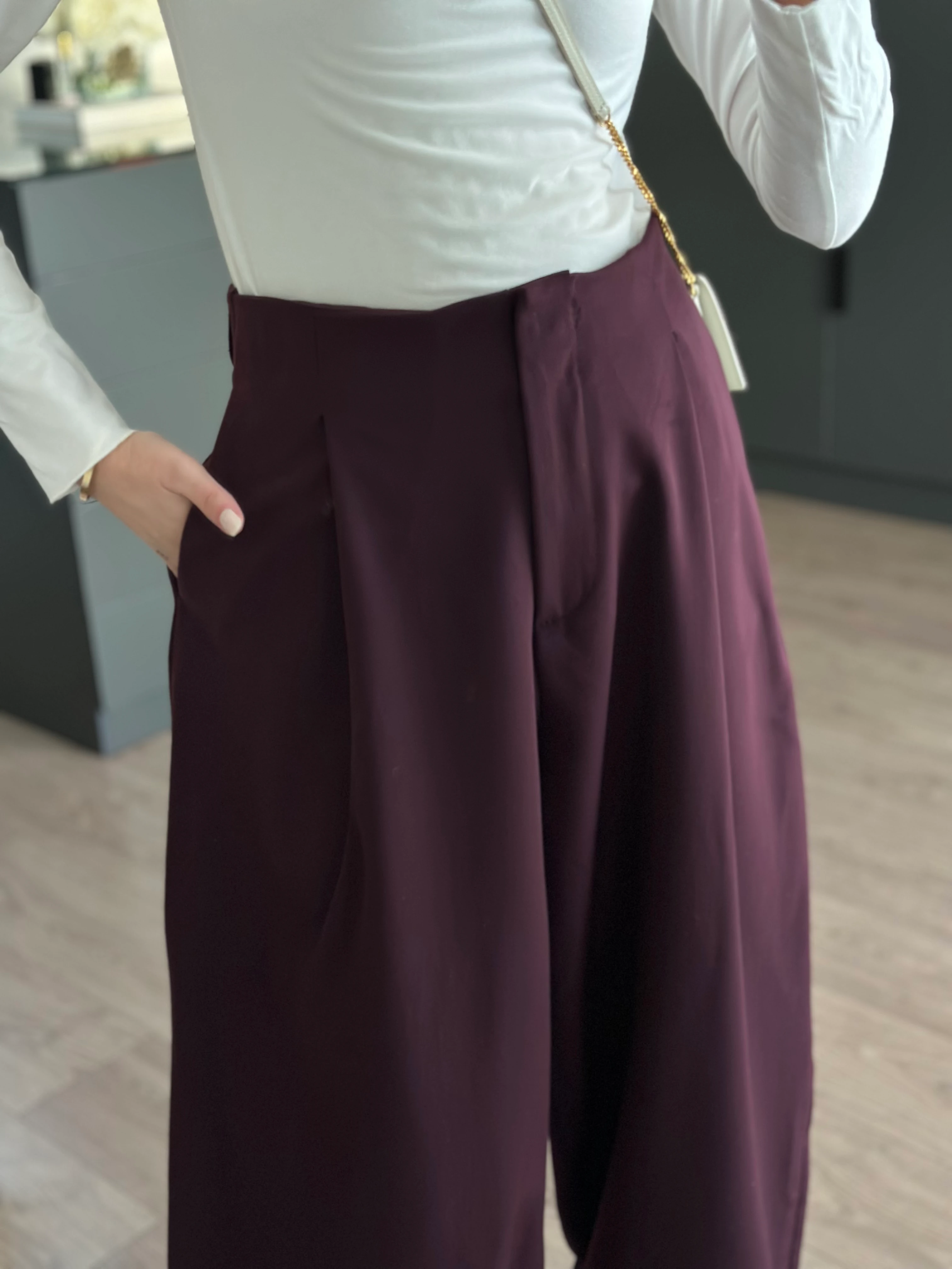 ŞALVAR MODEL YÜKSEK BEL PANTOLON - Bordo