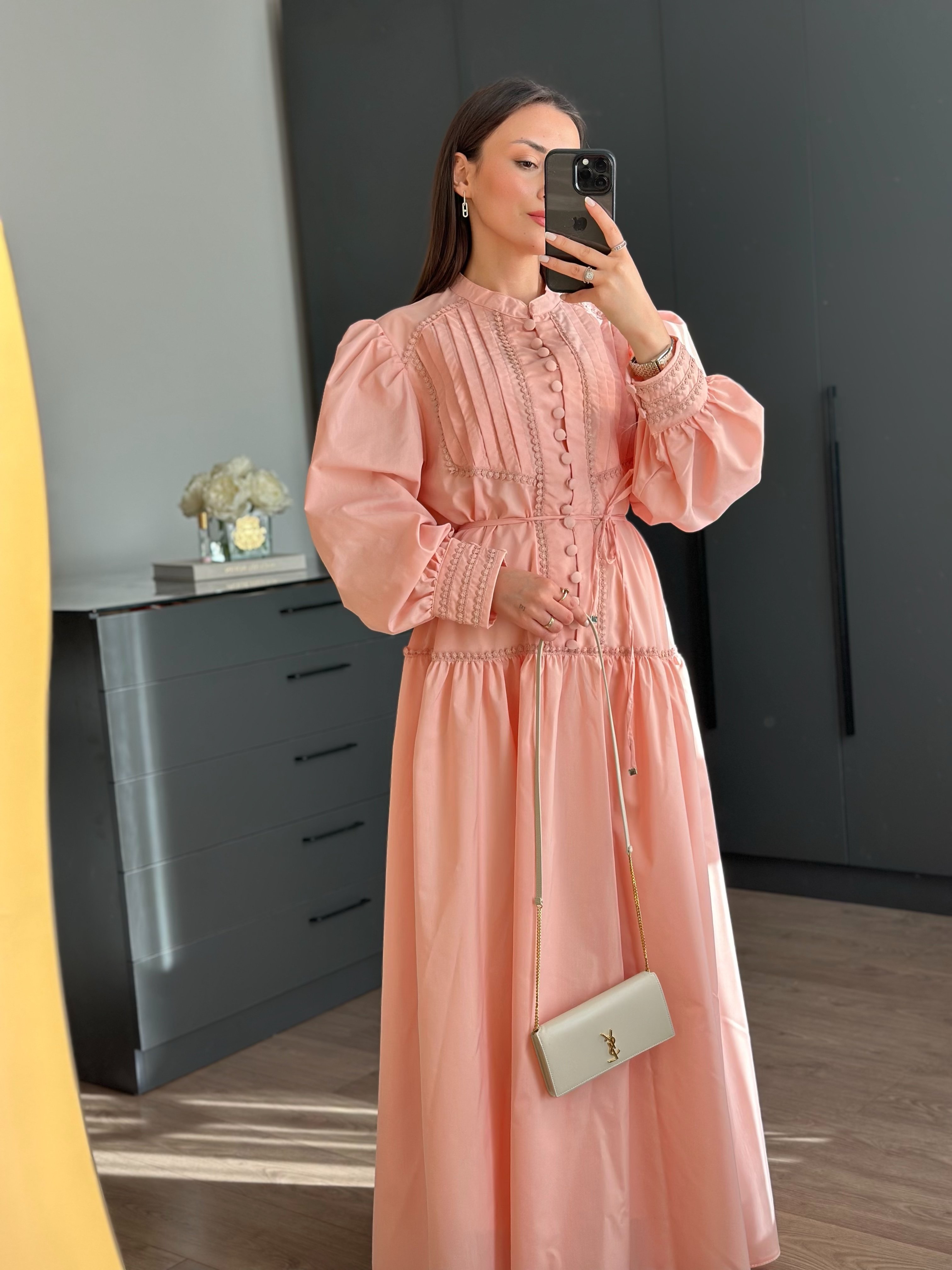 PREMİUM CAMİLLE NERVÜRLÜ DACRON PEMBE ELBİSE