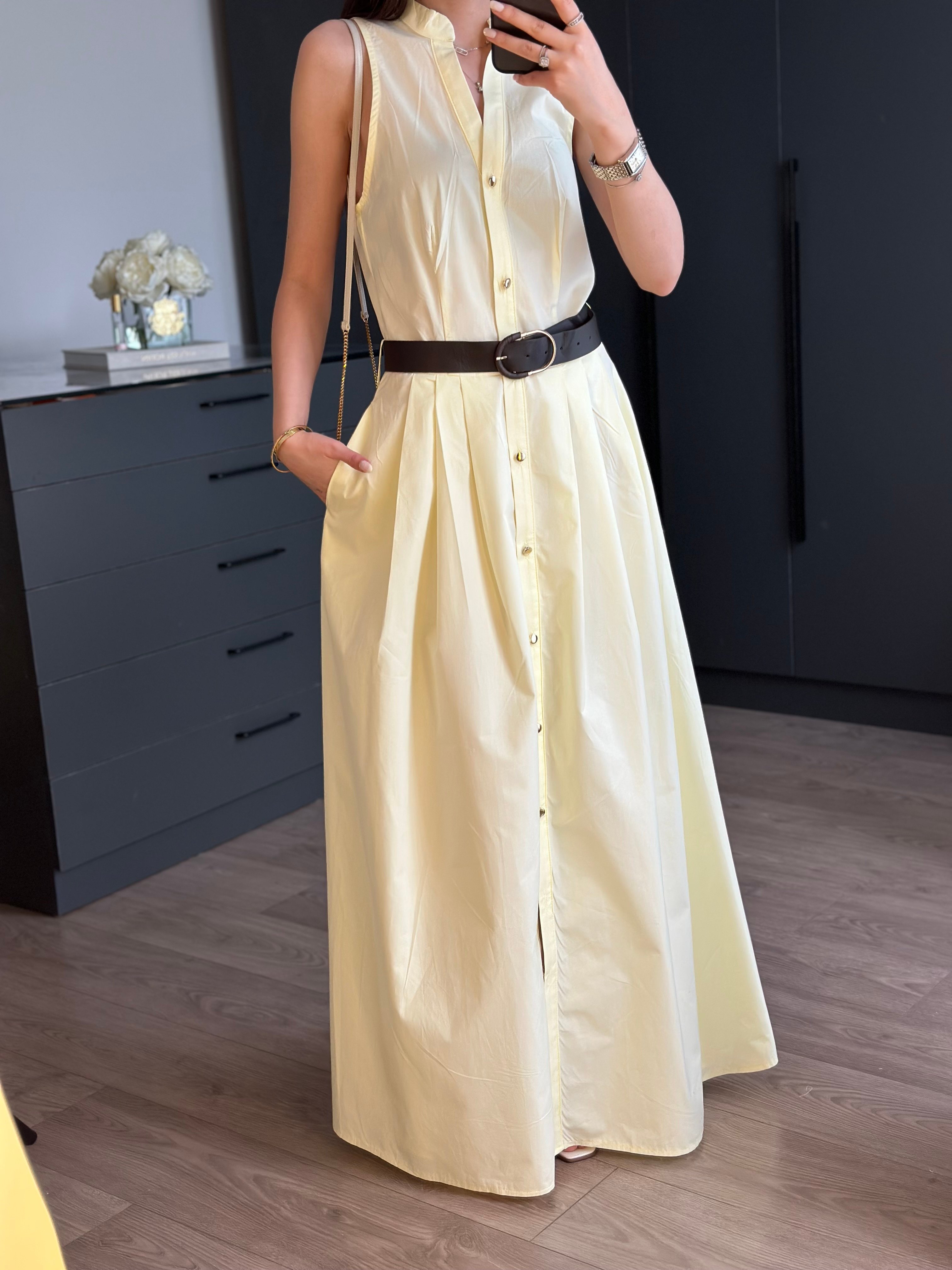 MOLYNA SARI KEMERLİ POPLİN ELBİSE