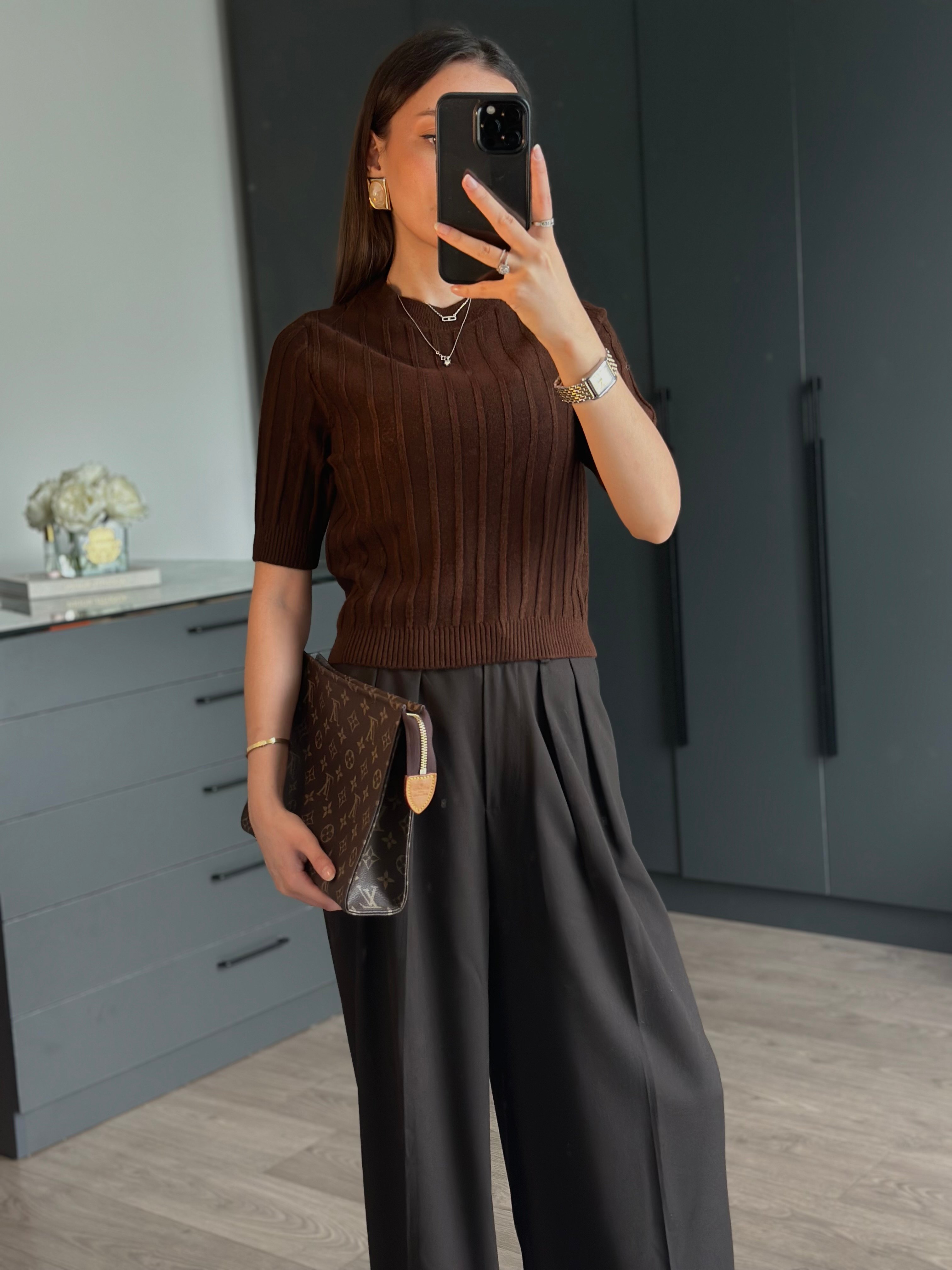KISA KOLLU FİTİLLİ KAHVE BLUZ