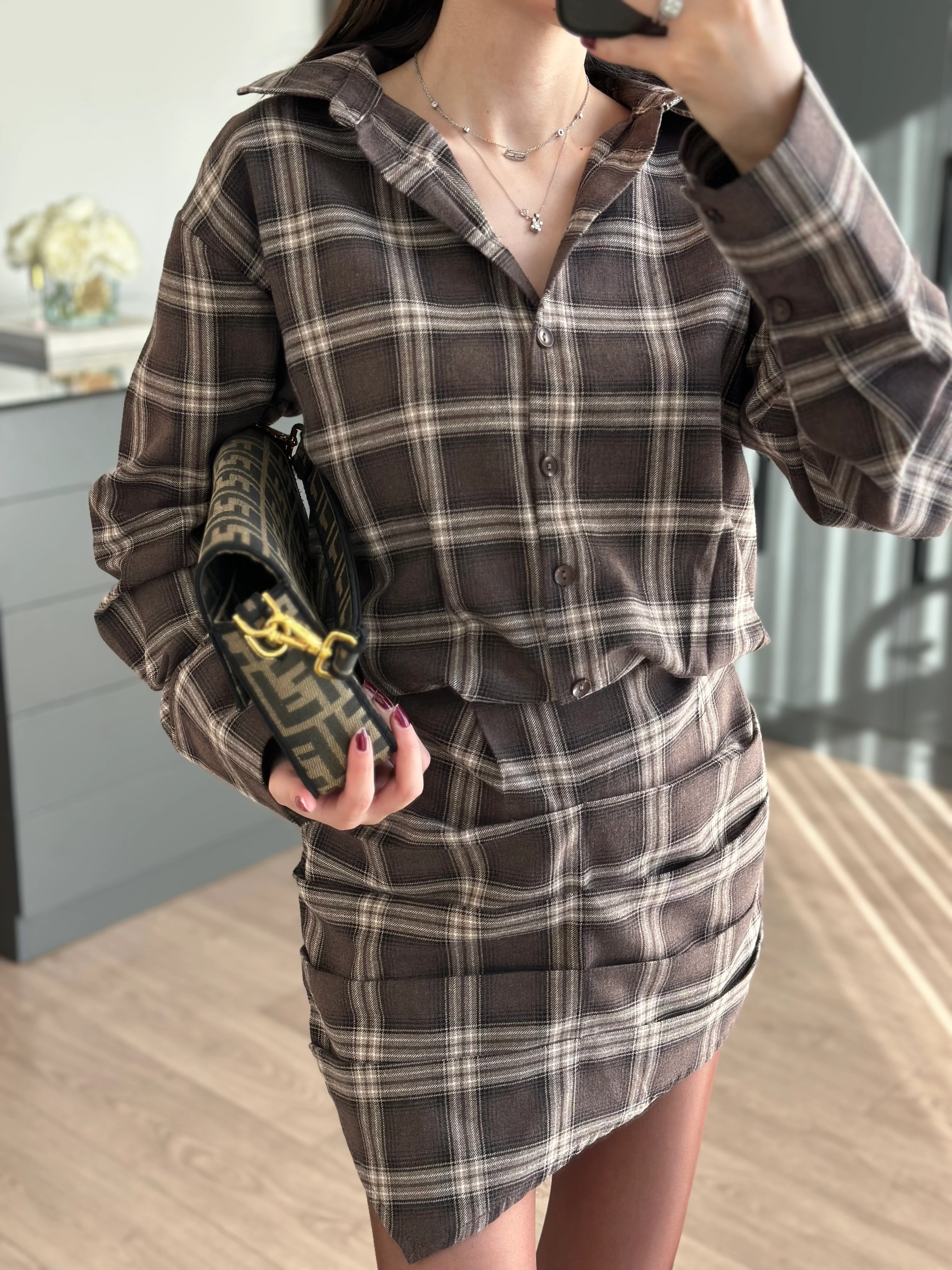 EKOSE DESENLİ ELBİSE - Kahve