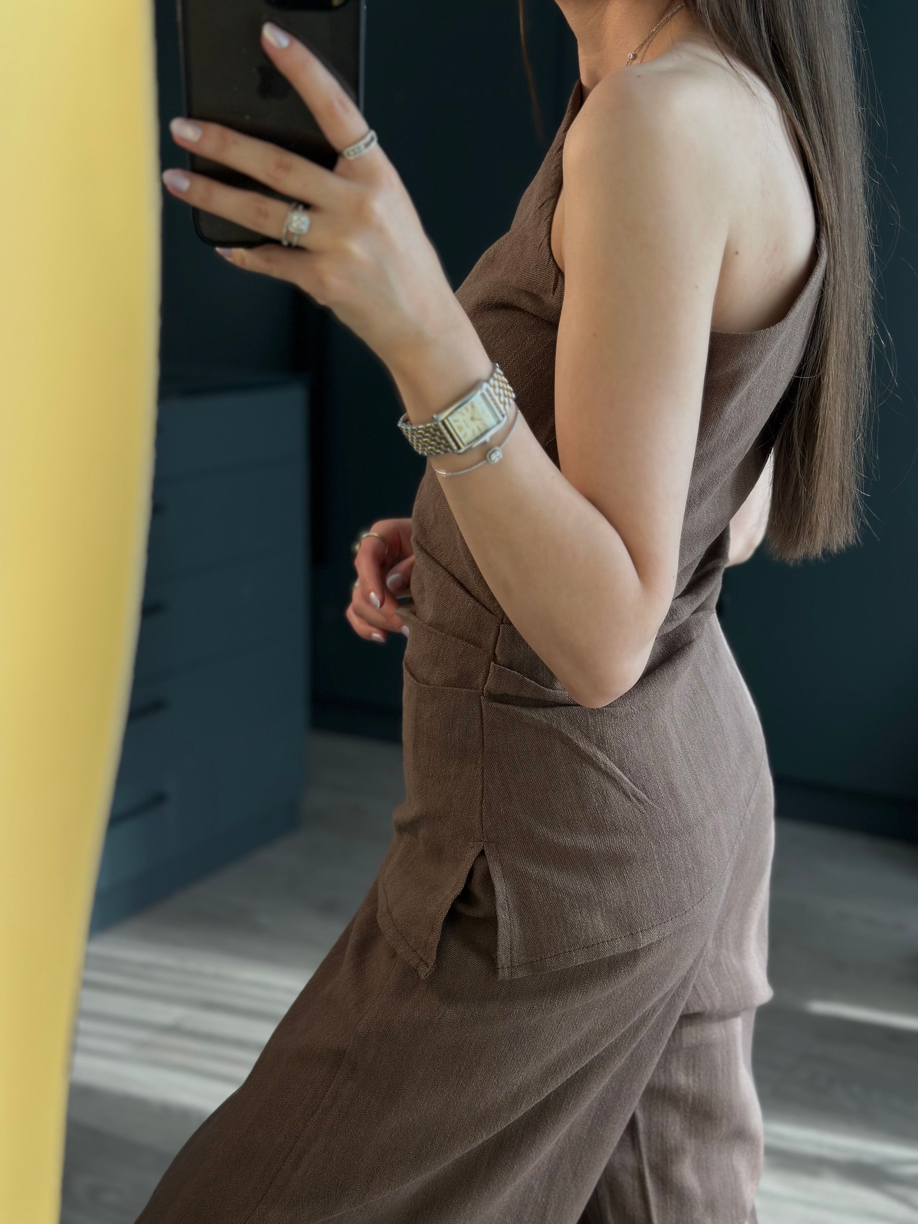 TEK KOL BÜZGÜ DETAYLI KAHVE KETEN TAKIM