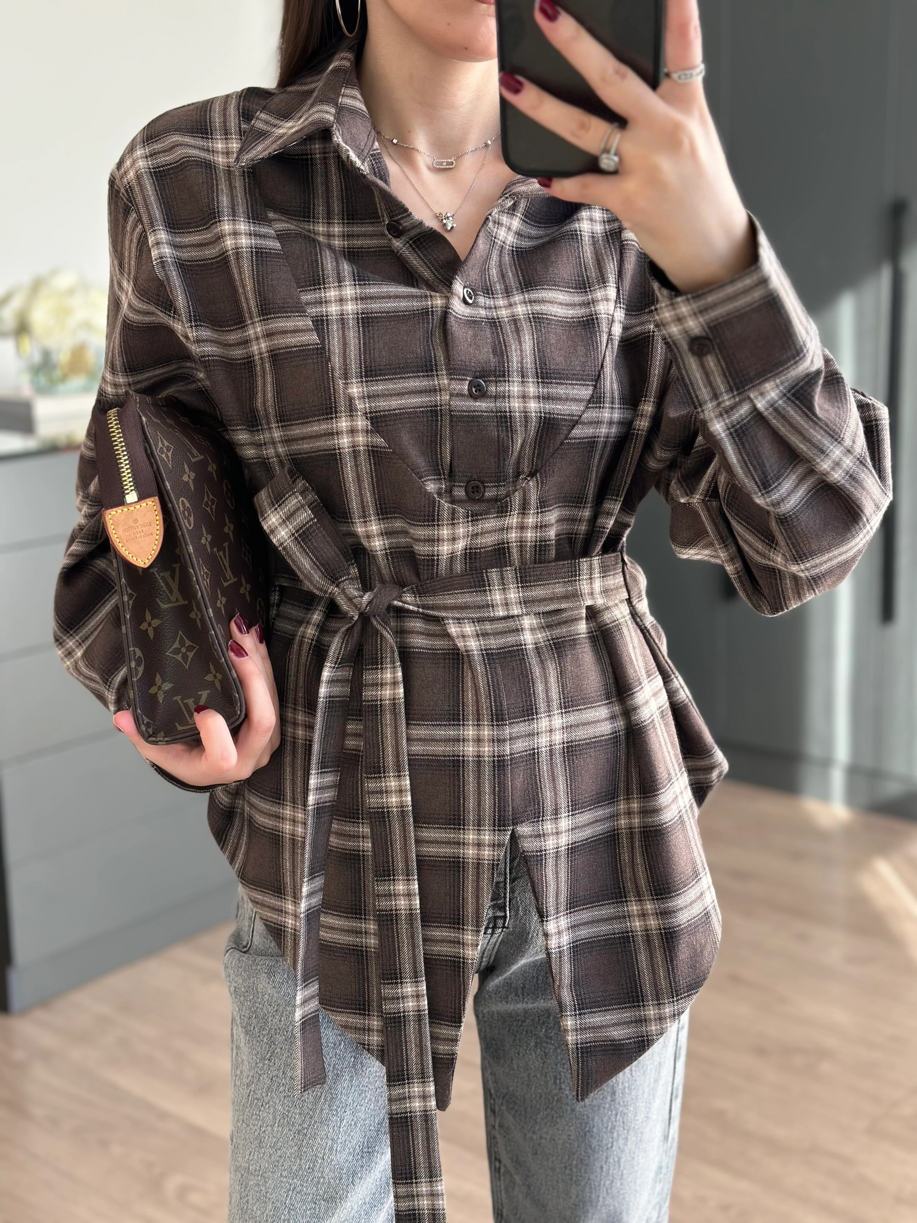 EKOSE DESEN BAĞLAMALI GÖMLEK - Kahve