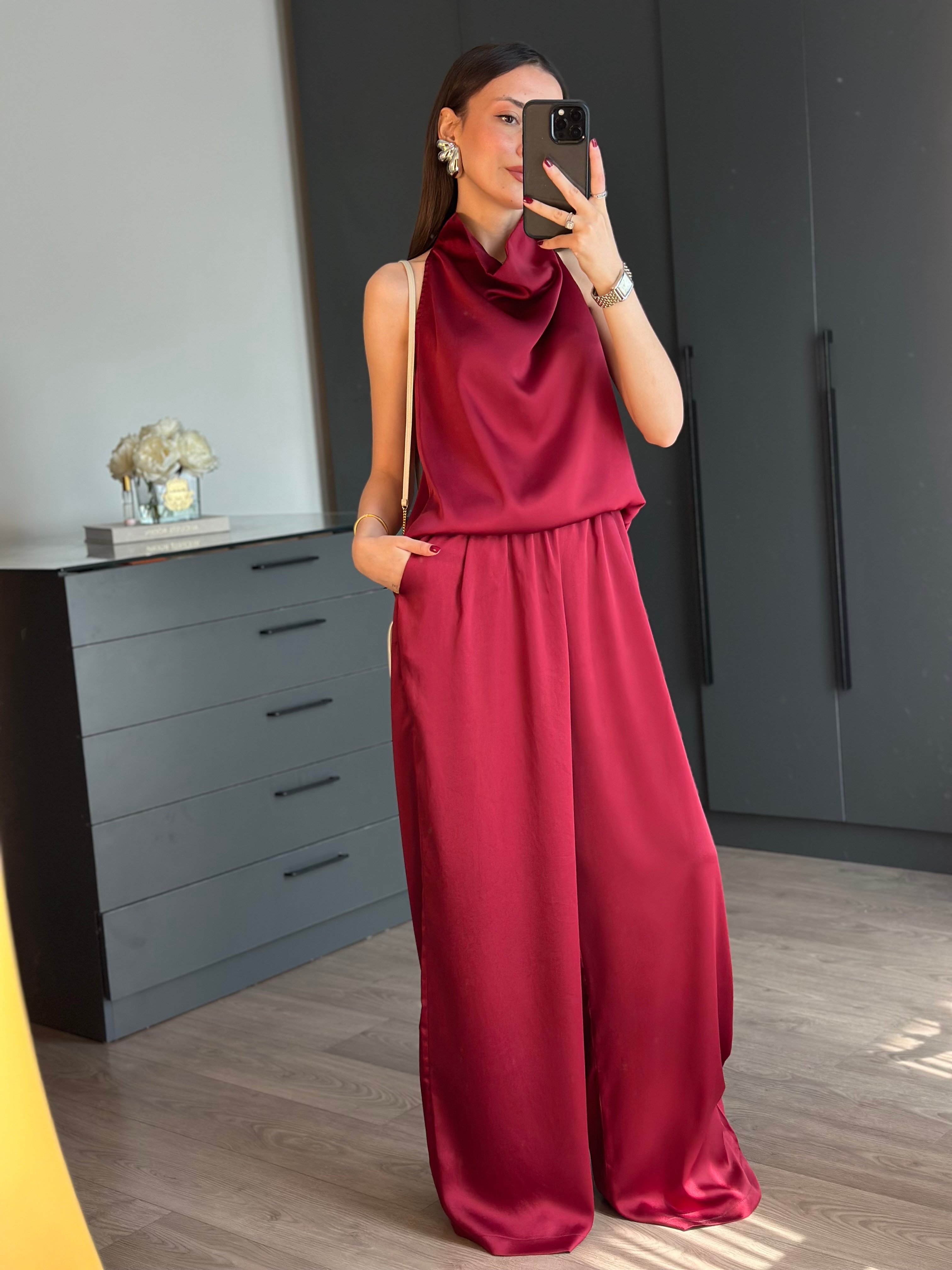 BORDO SATEN BLUZ PANTOLON TAKIM