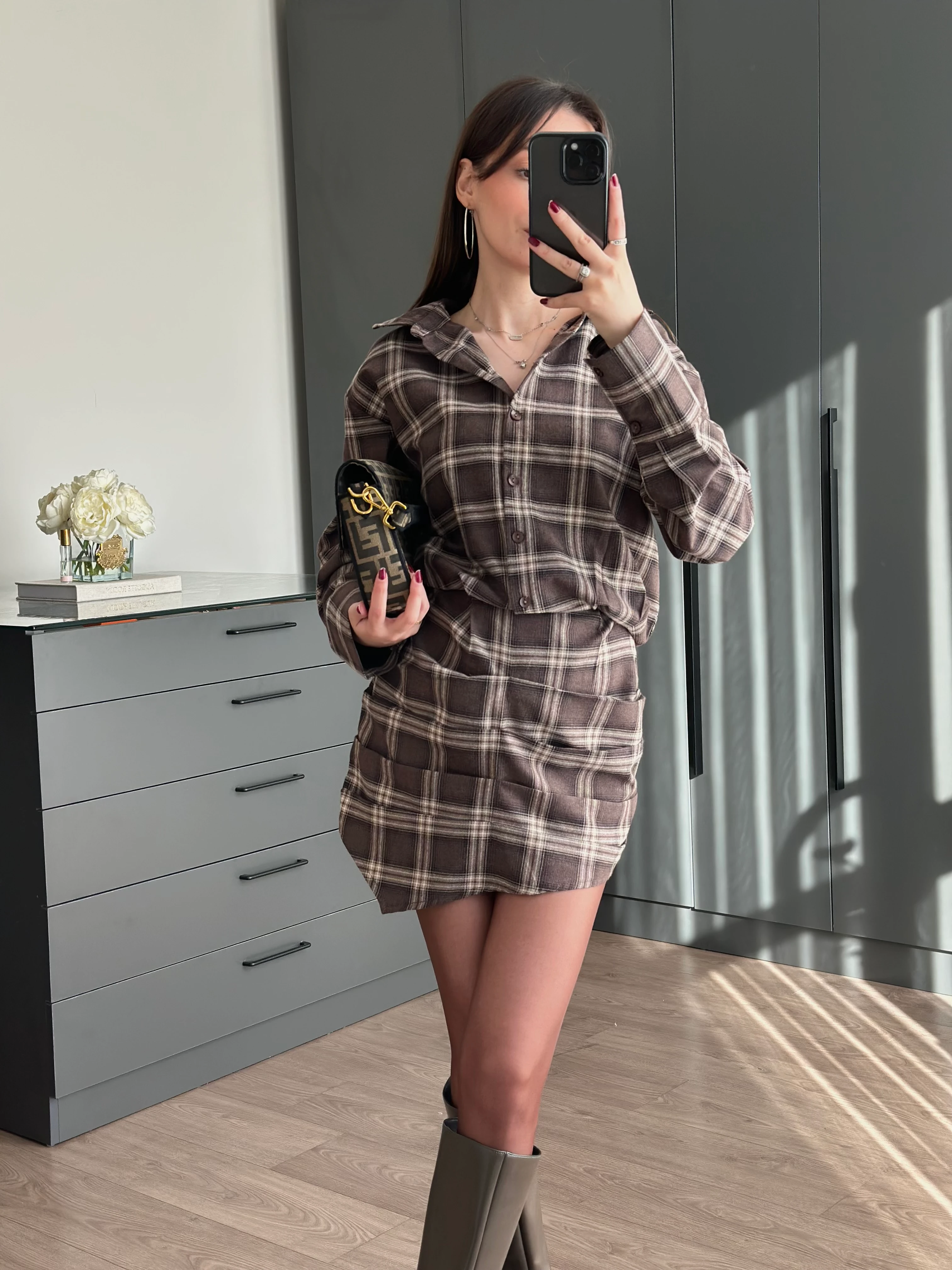 EKOSE DESENLİ ELBİSE - Kahve