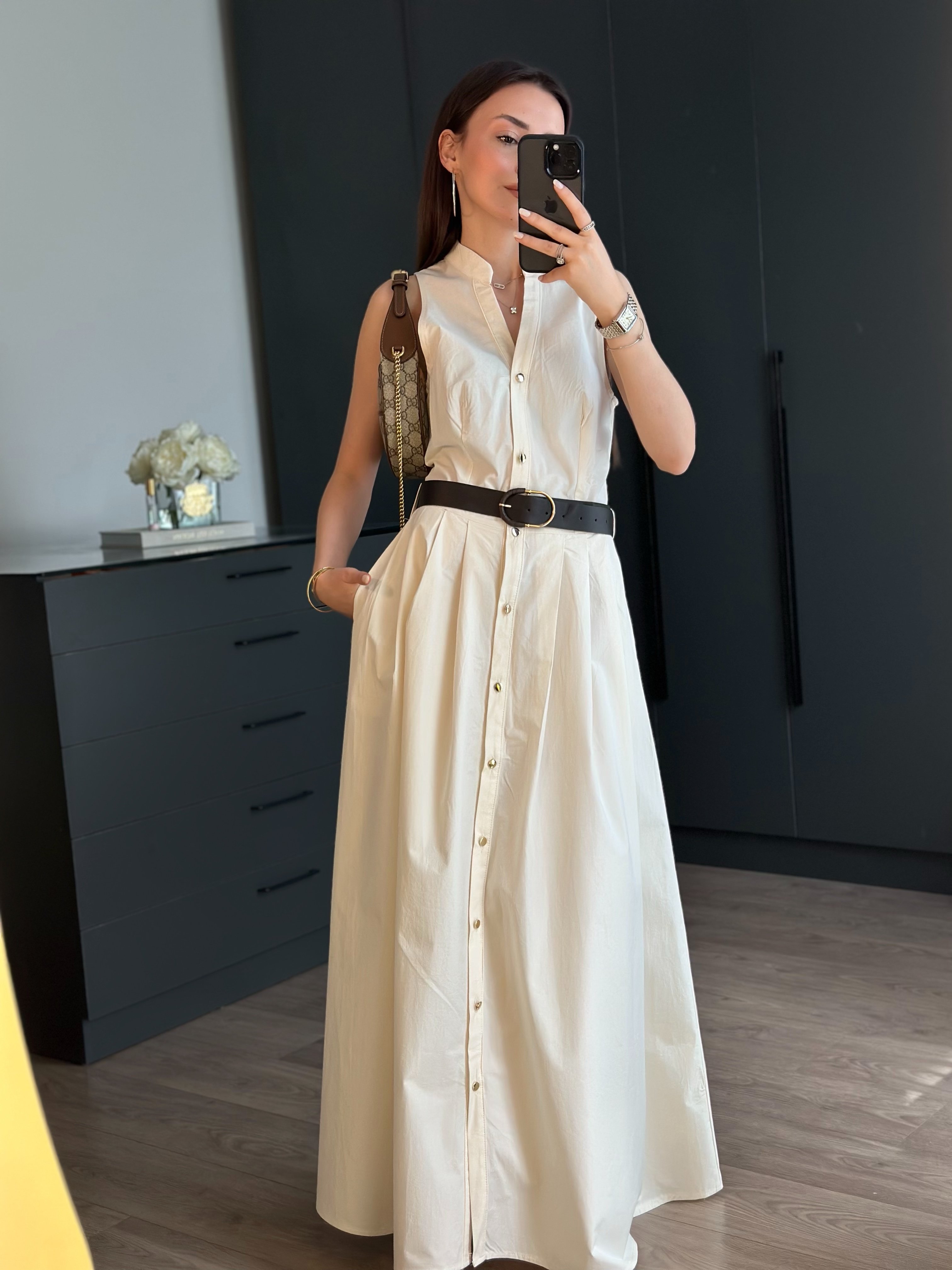 MOLYNA BEJ KEMERLİ POPLİN ELBİSE