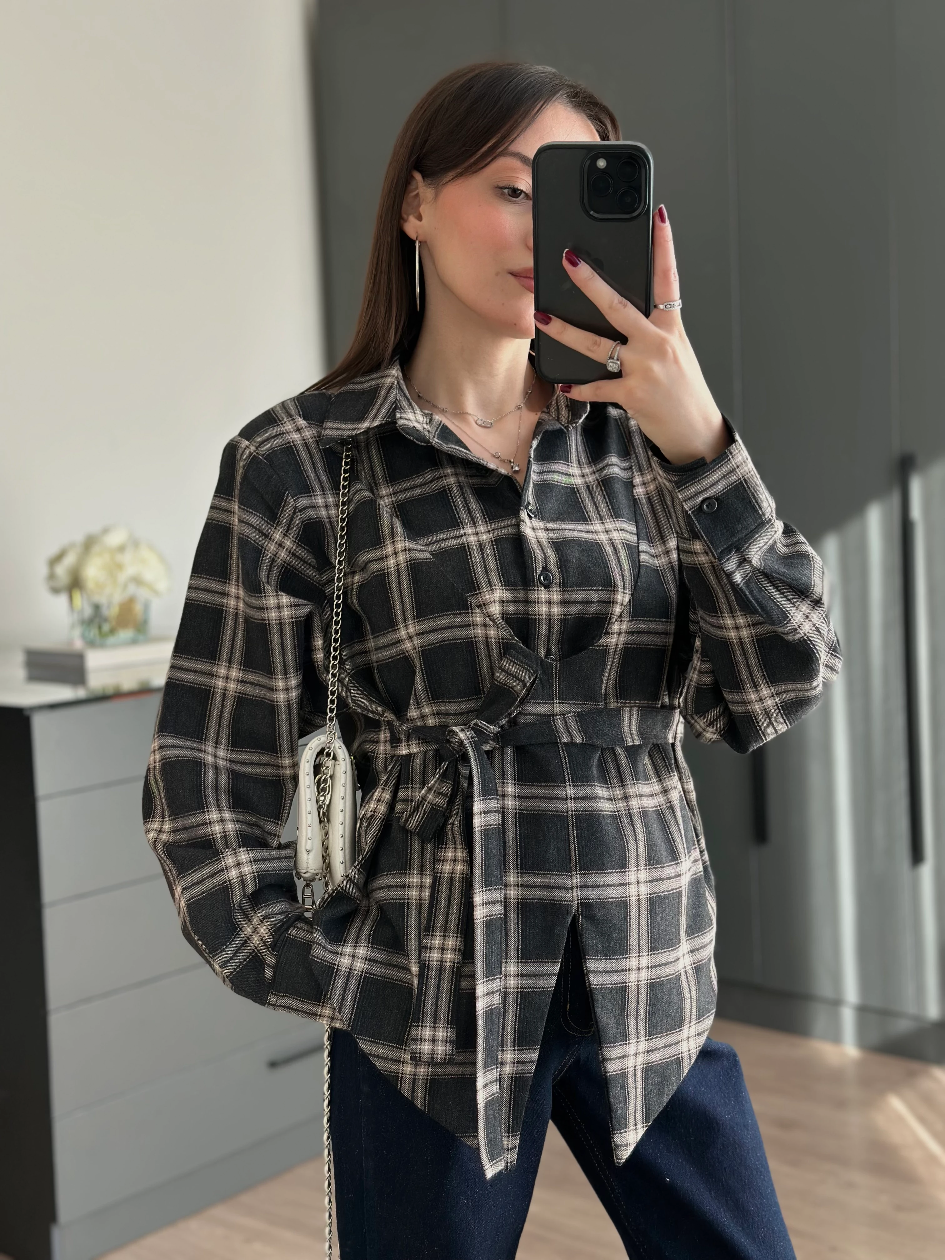 EKOSE DESEN BAĞLAMALI GÖMLEK - Antrasit