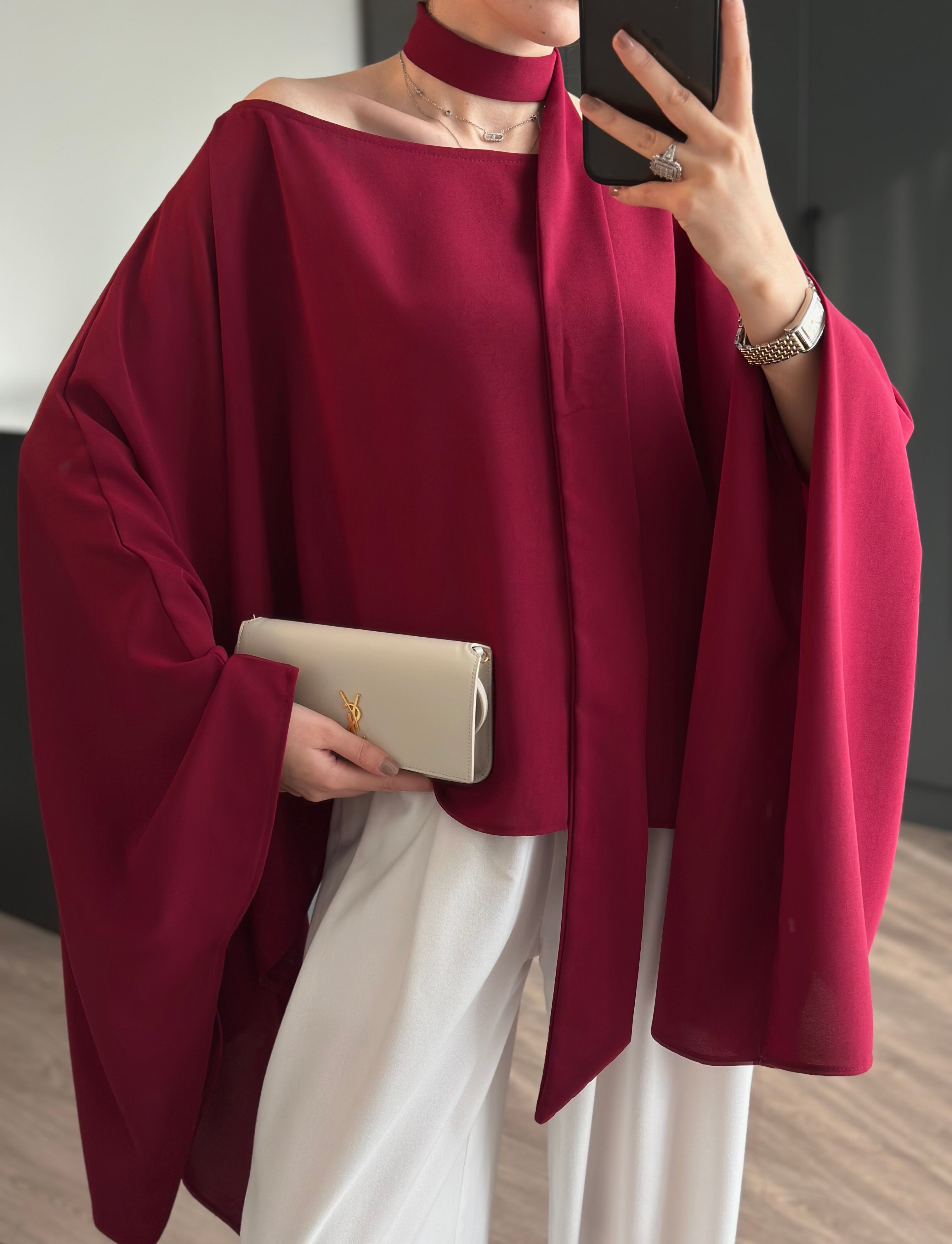 PELERİN KOL FULAR DETAYLI BORDO BLUZ