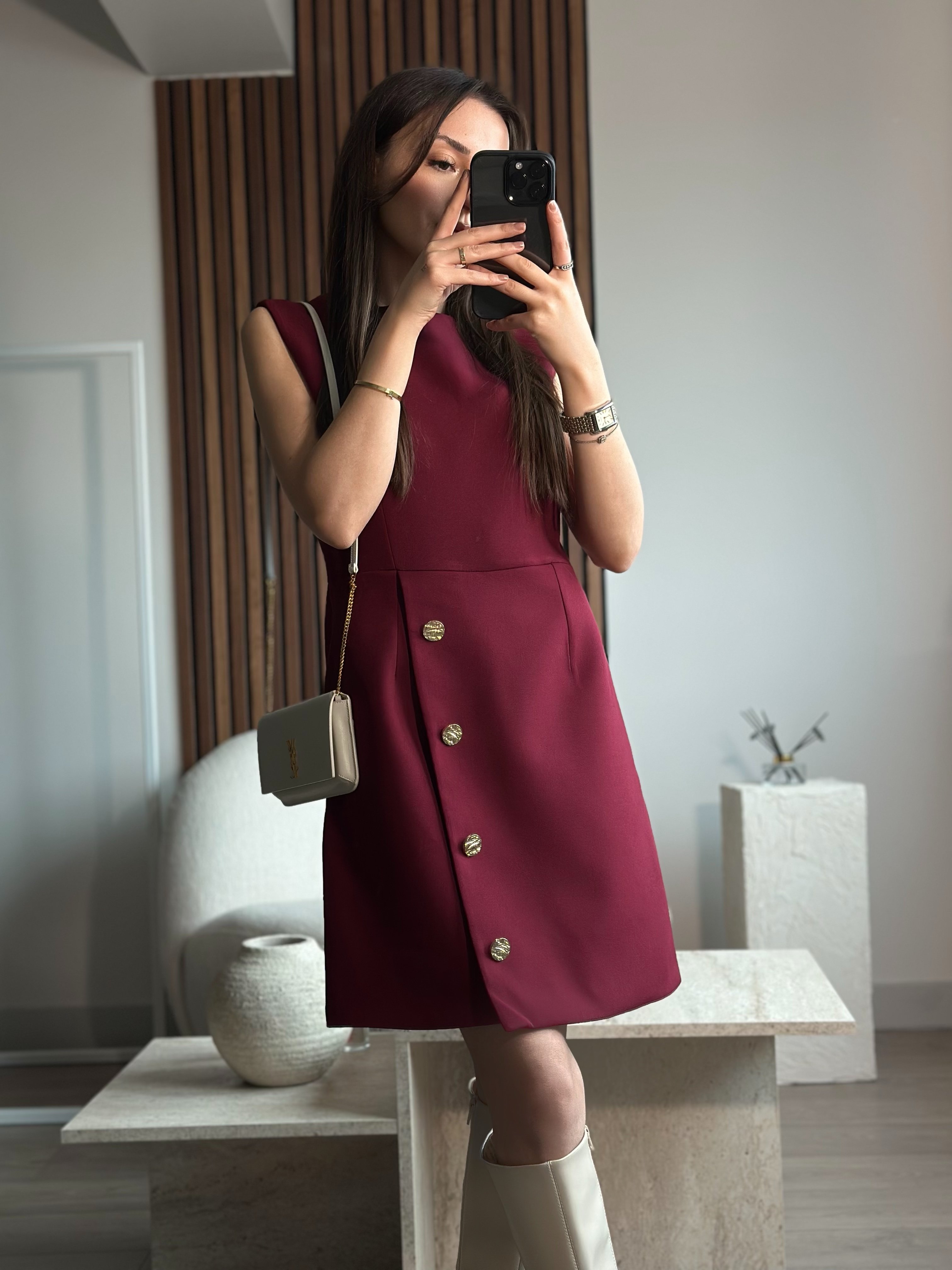 PERLA GOLD DÜĞME DETAYLI BORDO  ELBİSE