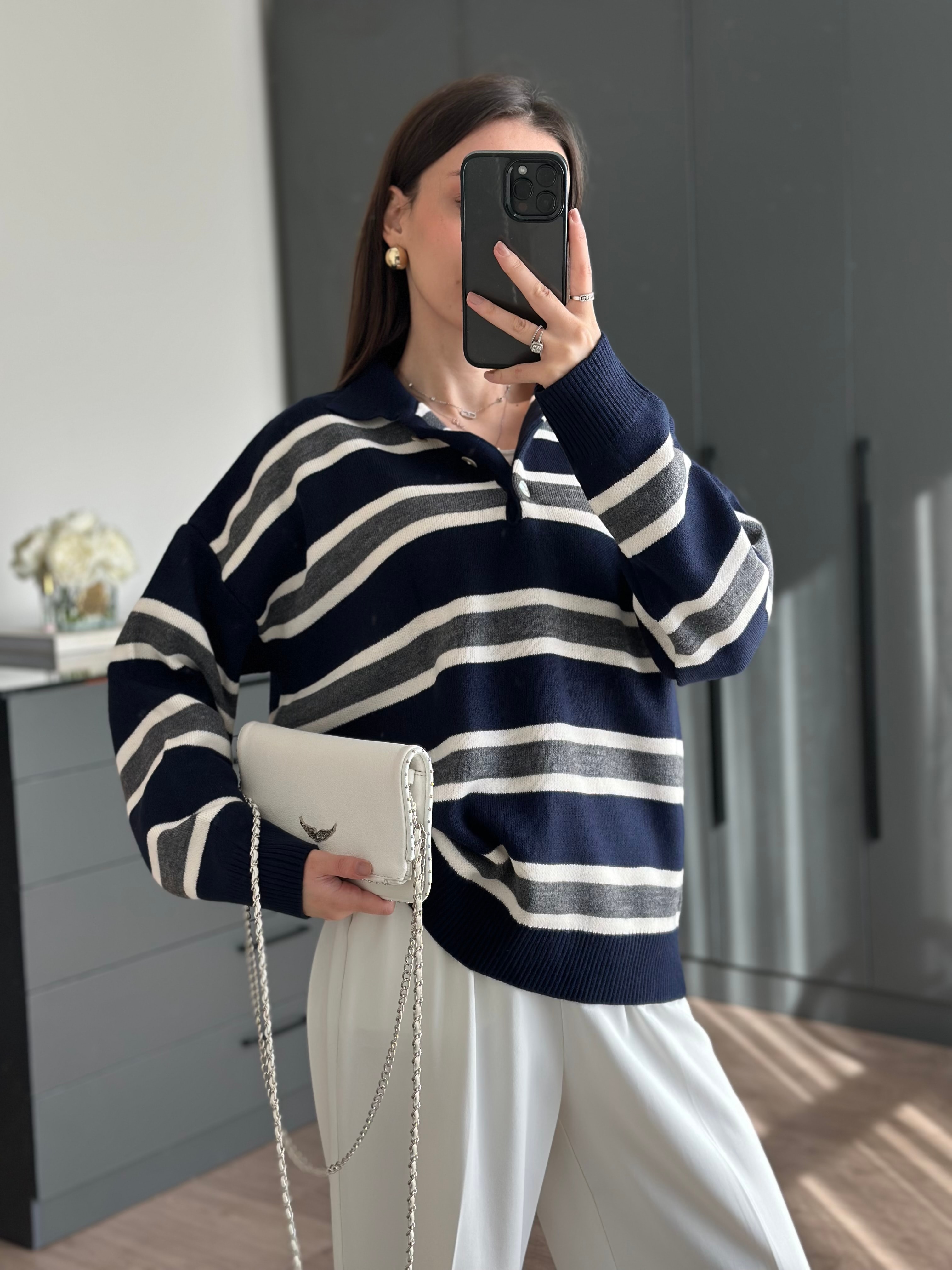 ÇİZGİLİ POLO YAKA MAVİ KAZAK