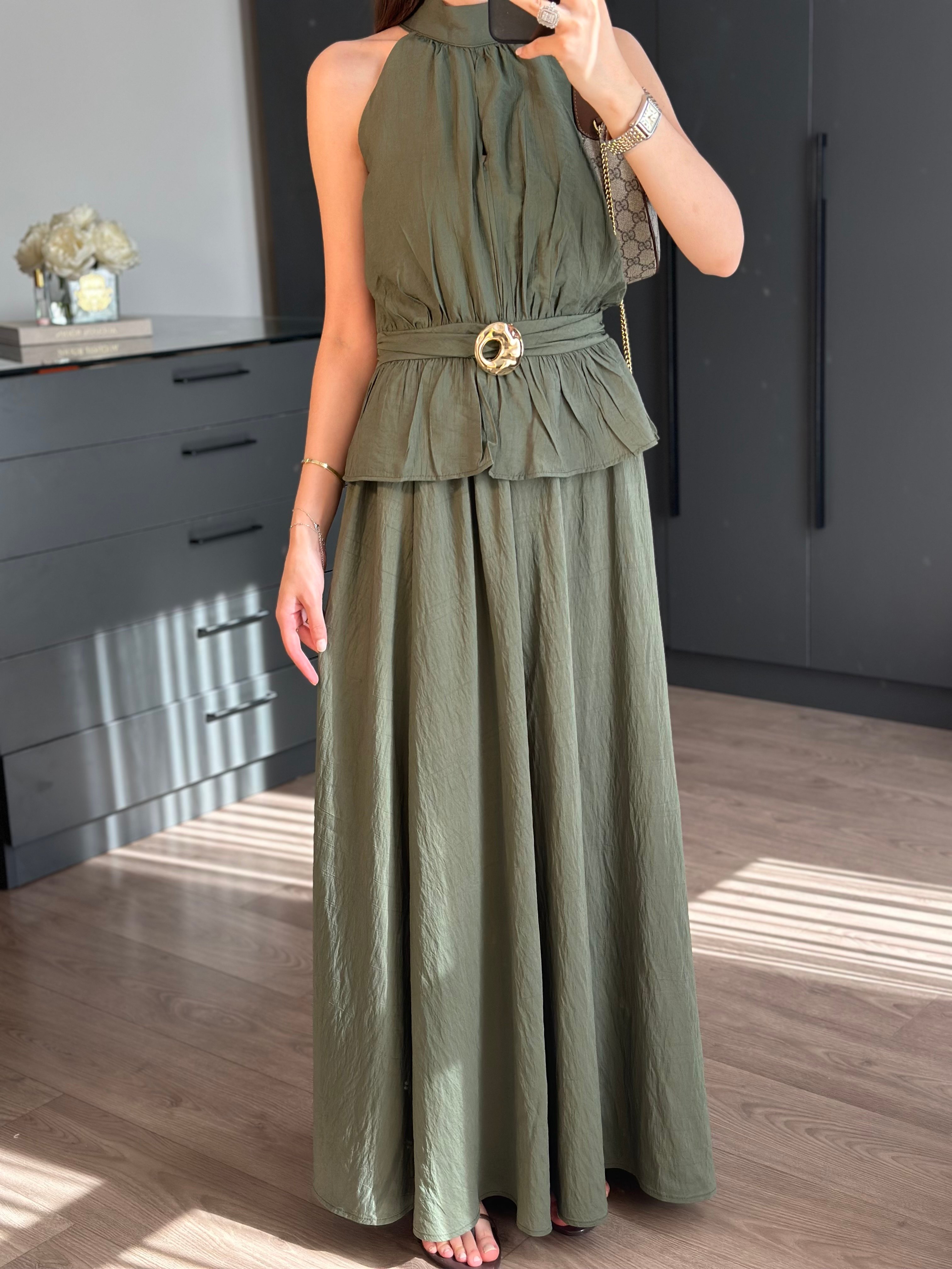 HALTER YAKA BLUZ ETEK HAKİ TAKIM