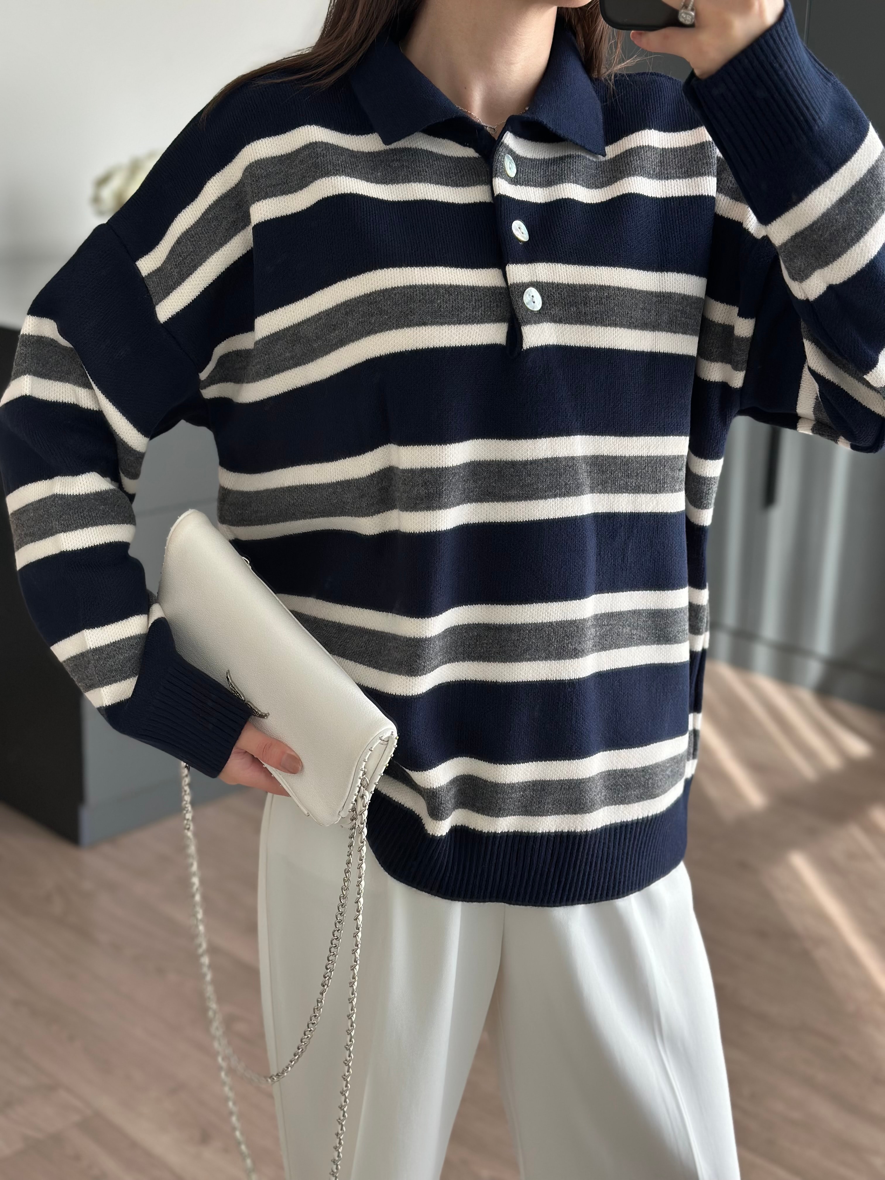 ÇİZGİLİ POLO YAKA MAVİ KAZAK