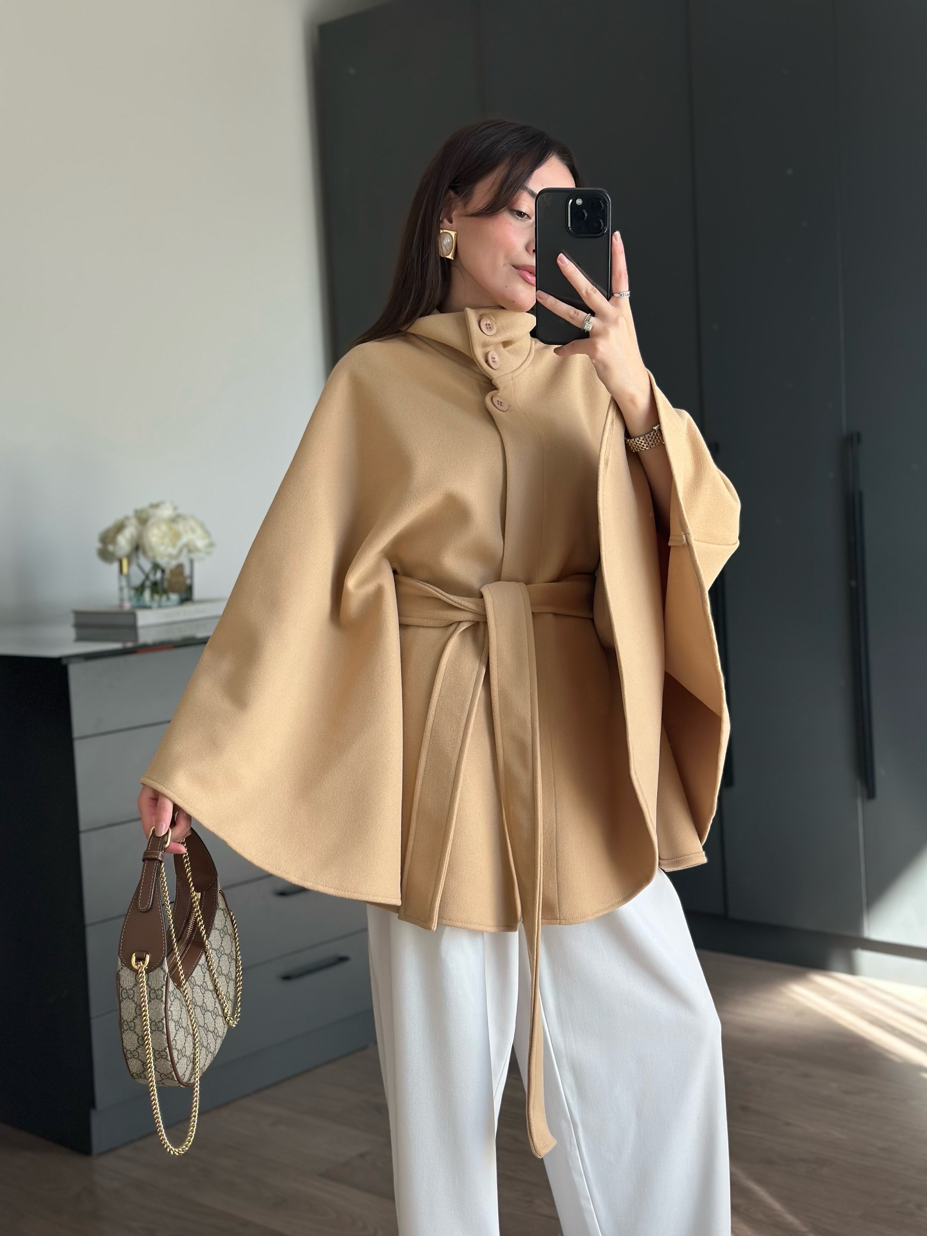 CAMEL DİK YAKA BAĞLAMALI PANÇO