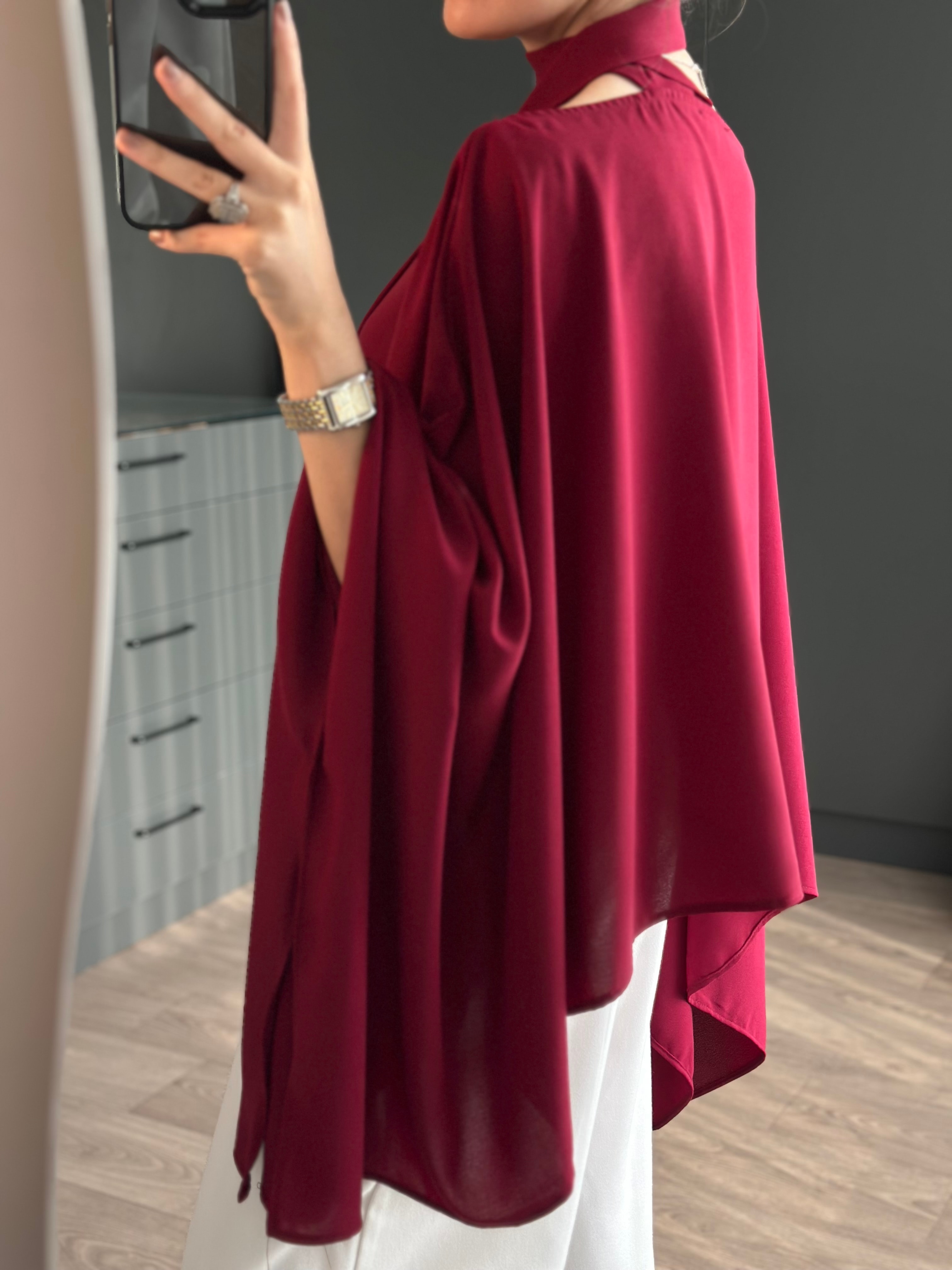 PELERİN KOL FULAR DETAYLI BORDO BLUZ