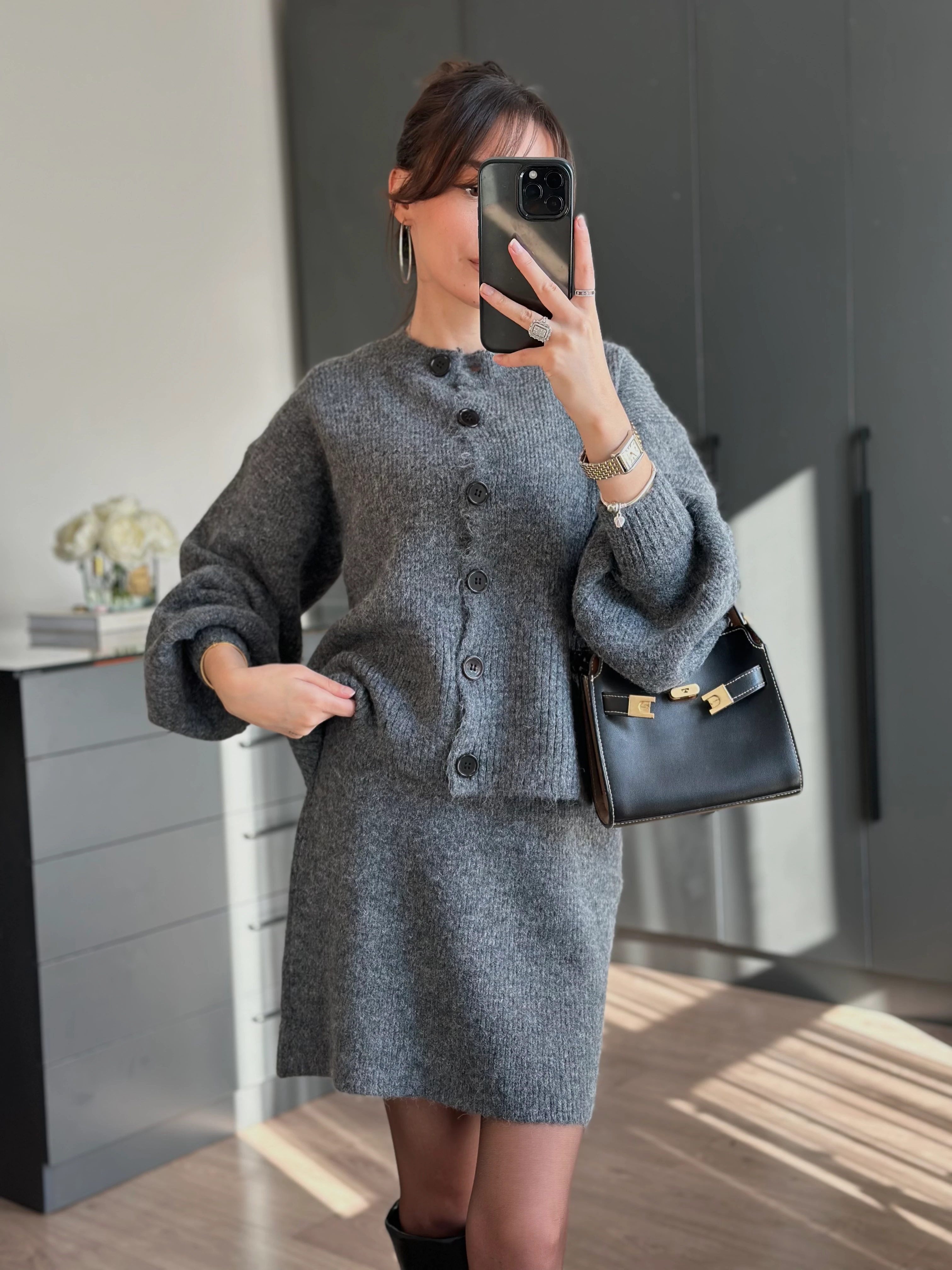 BALON KOLLU ÖRGÜ ANTRASİT TAKIM