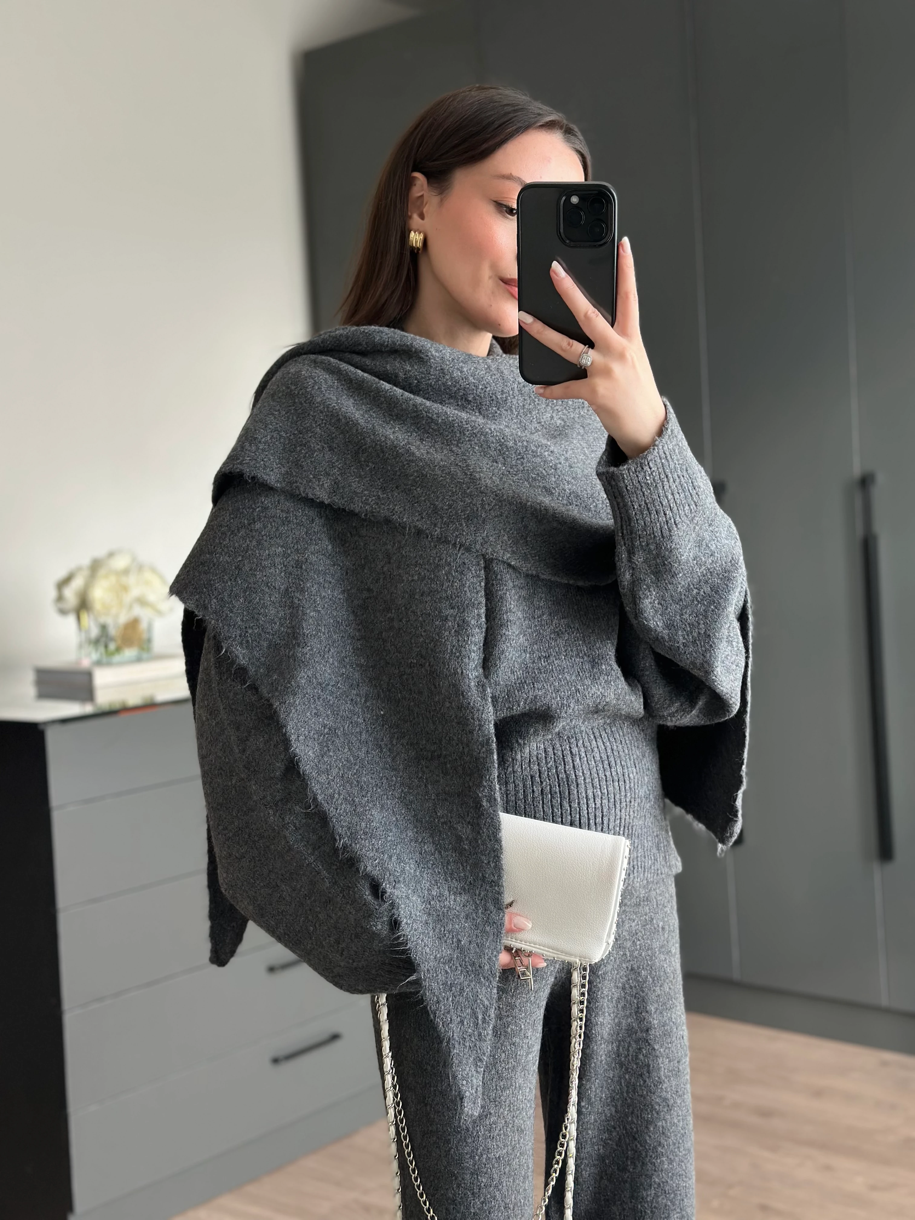 ŞAL DETAYLI TRİKO KAZAK - Antrasit