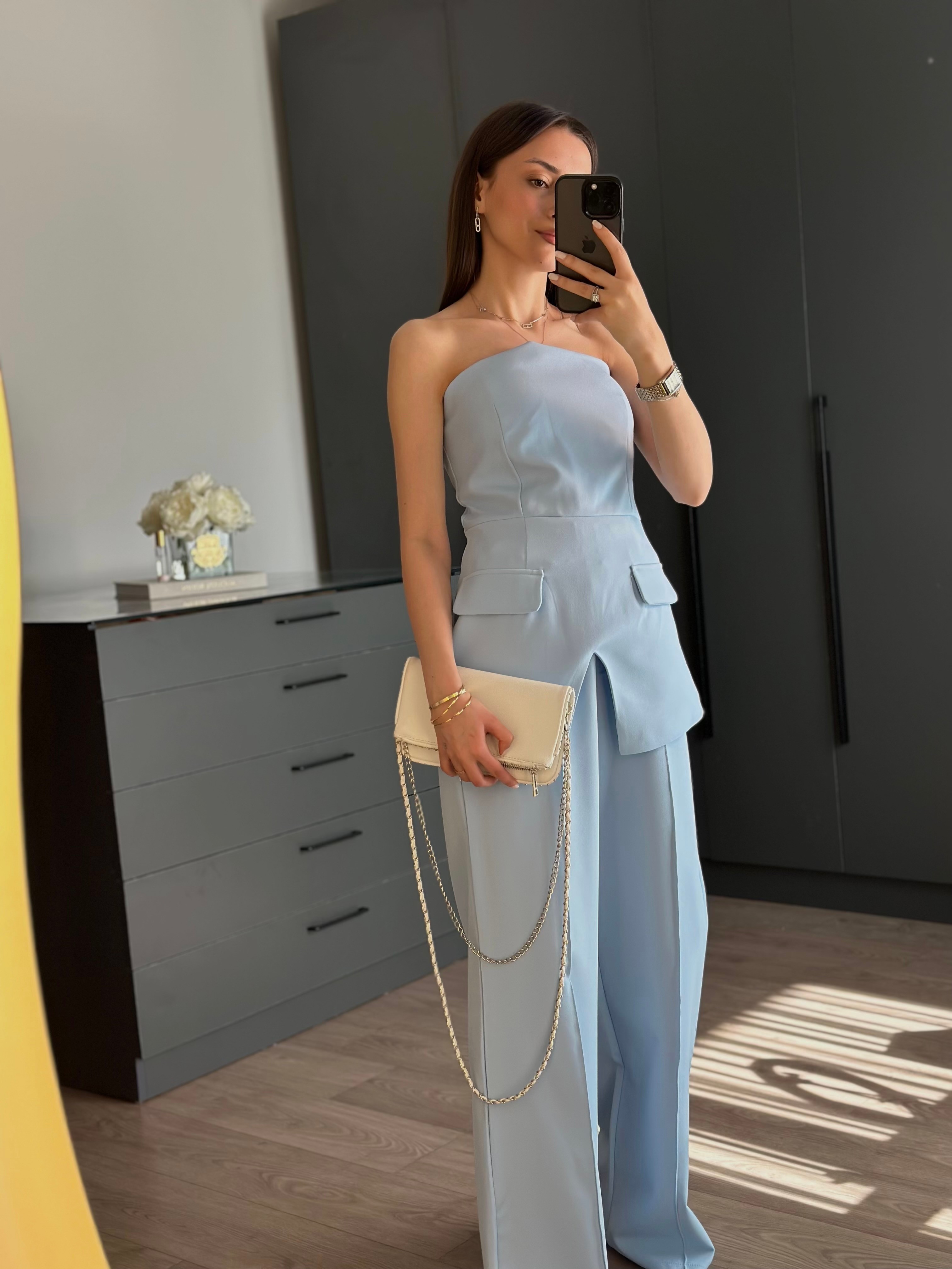 BEBE MAVİSİ STRAPLEZ TASARIM TAKIM