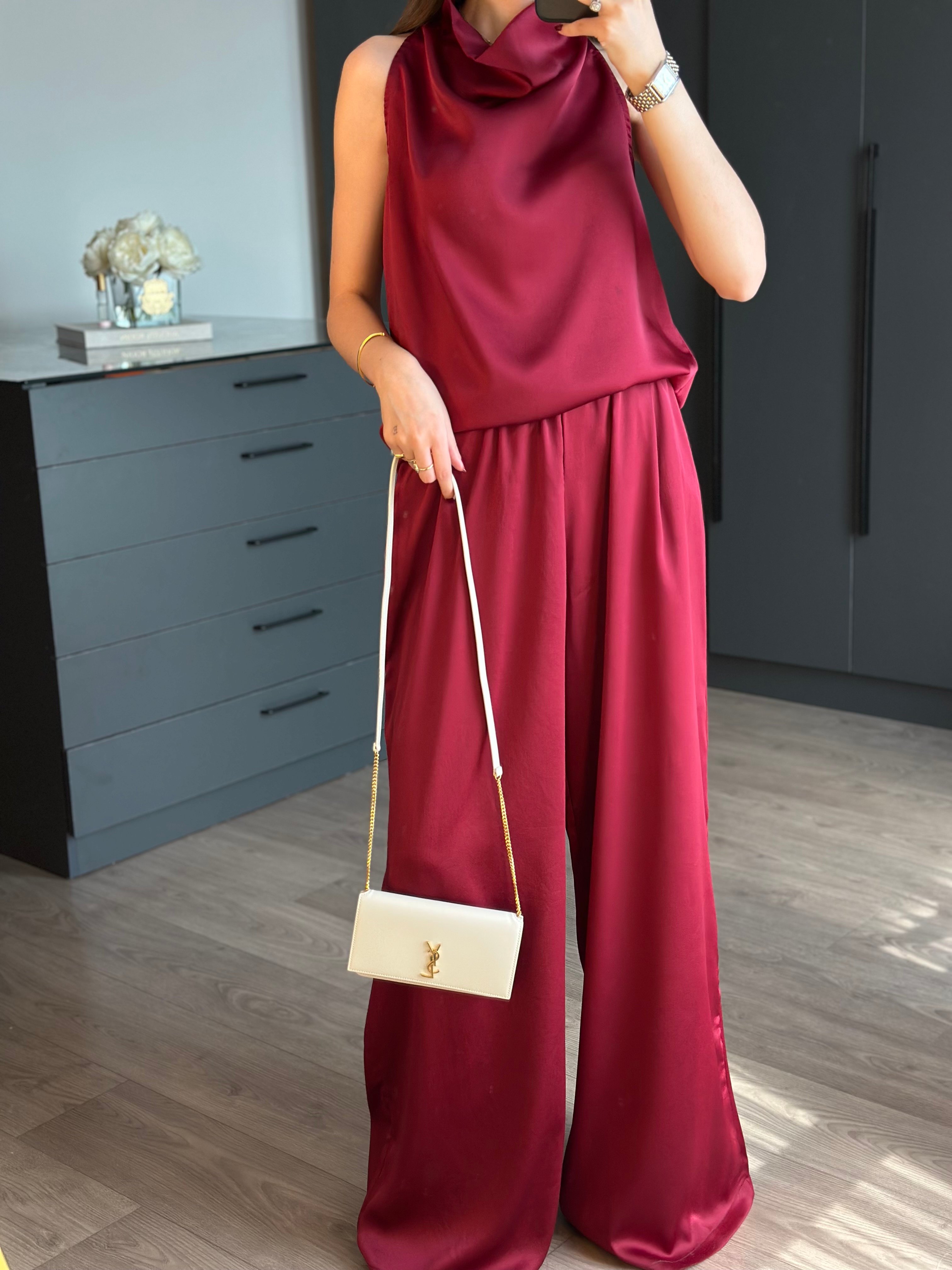 BORDO SATEN BLUZ PANTOLON TAKIM