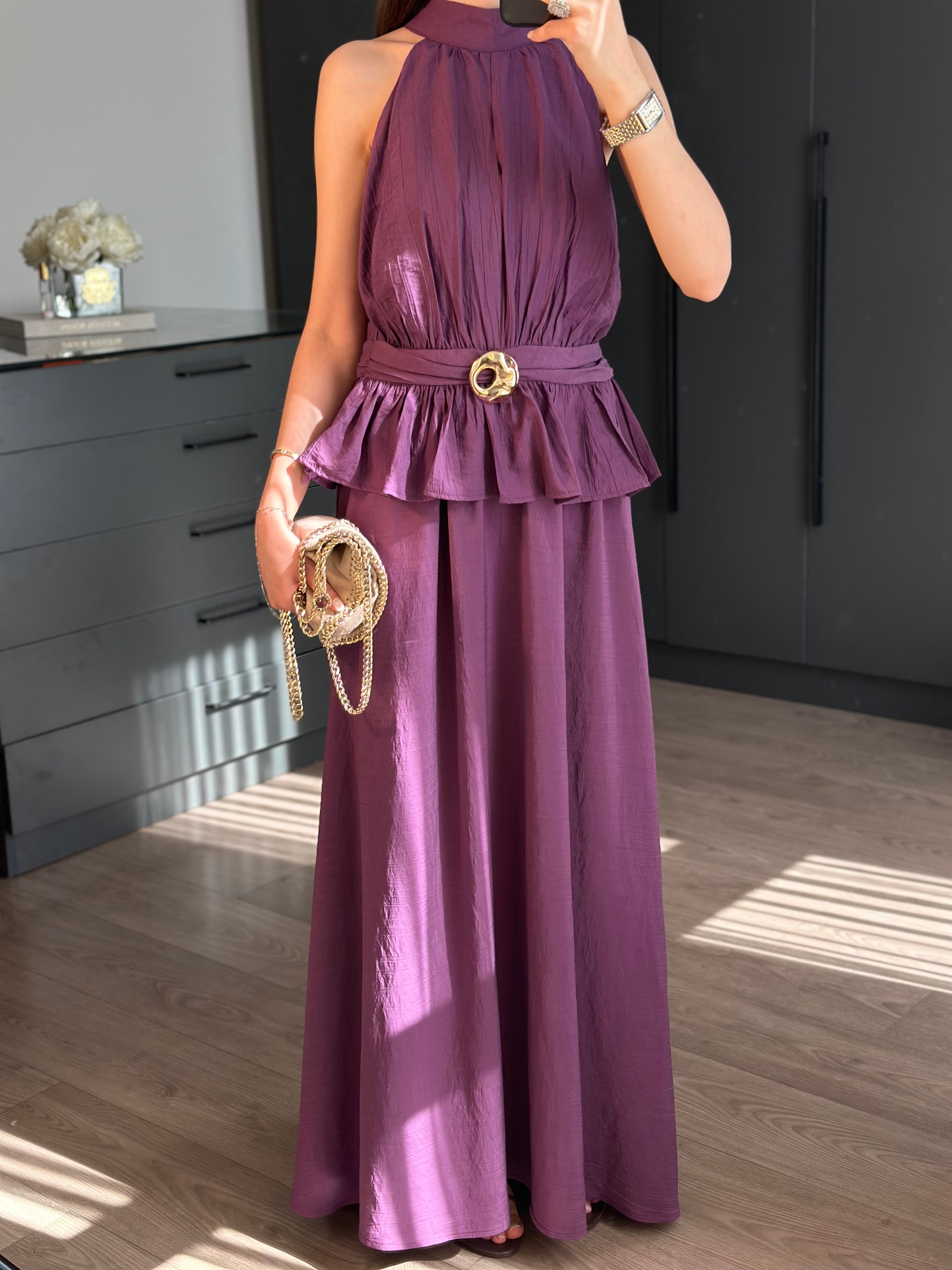 HALTER YAKA BLUZ ETEK MOR TAKIM